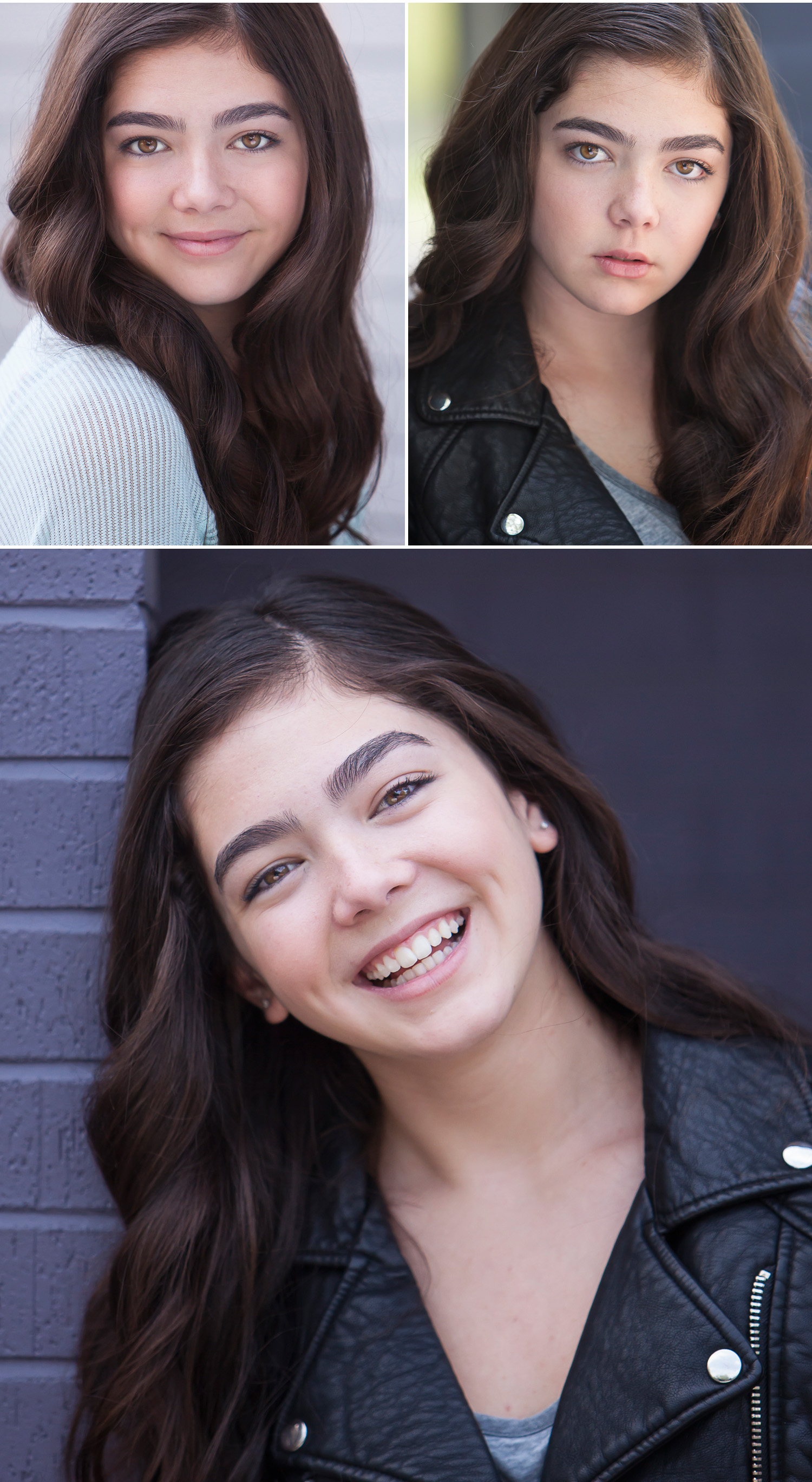 Young teen actor girl with beautiful brunette hair in leather jacket, by Denver headshot photographer Jennifer Koskinen | Merritt Portrait Studio