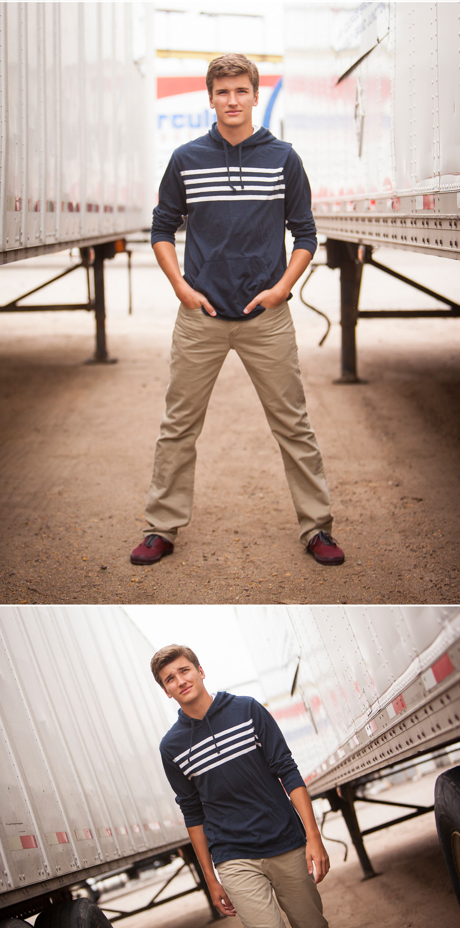 High school senior guy pictures between trucks in Denver with photographer Jennifer Koskinen | Merritt Portrait Studio