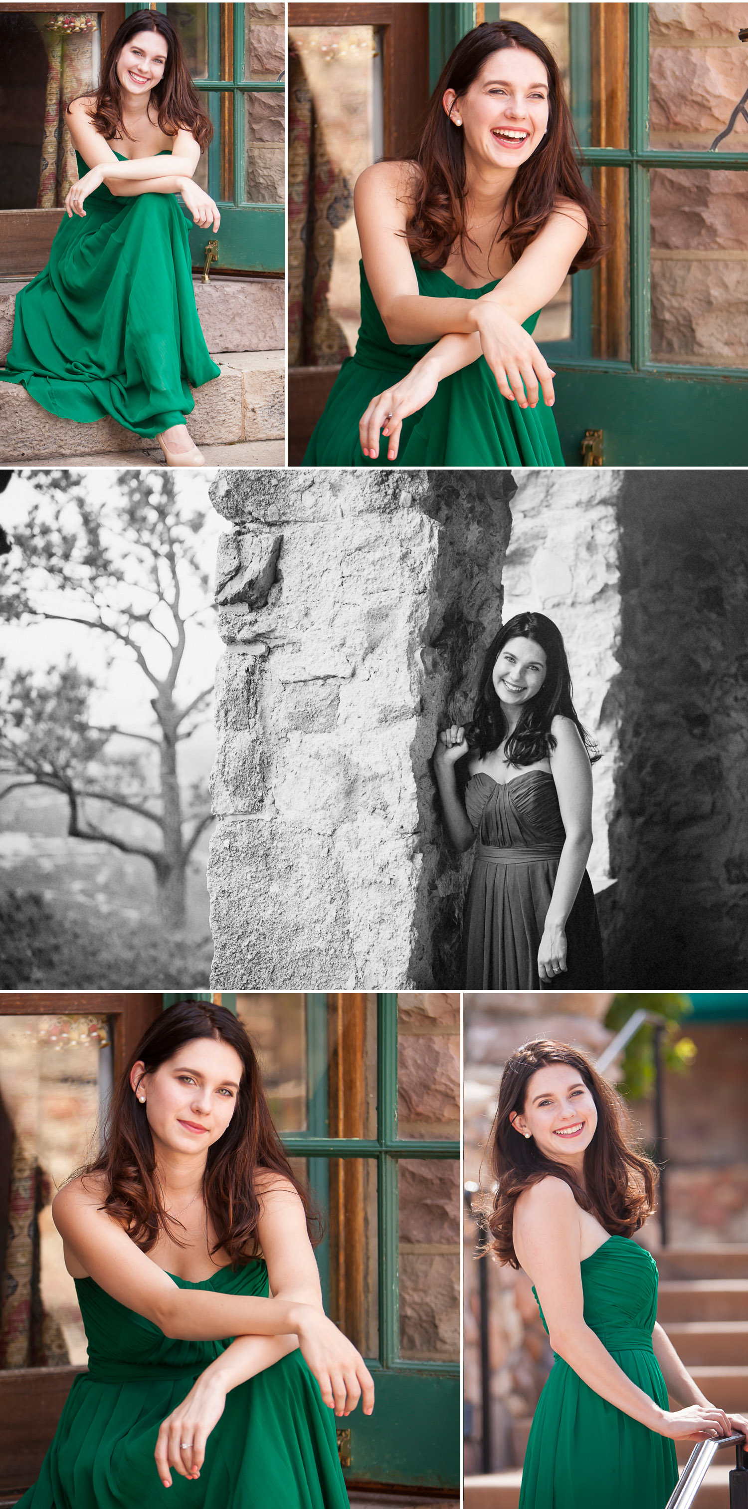 Senior pictures in green dress at Cherokee Castle & Ranch south of Denver Colorado, with photographer Jennifer Koskinen | Merritt Portrait Studio