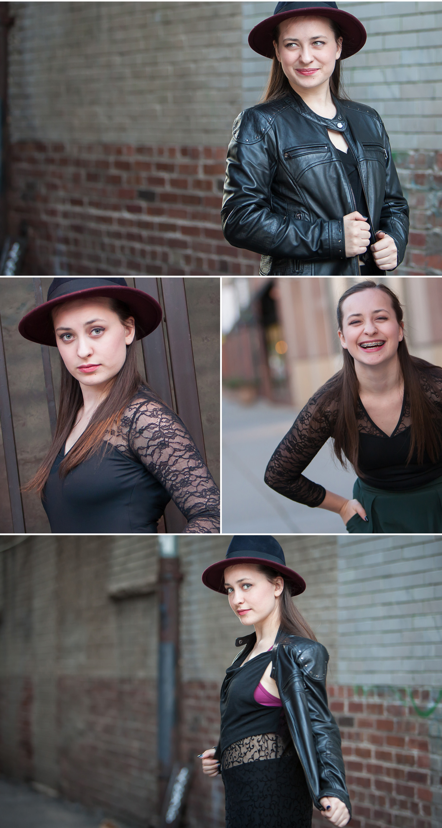 Leather jacket teen girl portraits in urban setting with hat, with Denver photographer Jennifer Koskinen, Merritt Portrait Studio.
