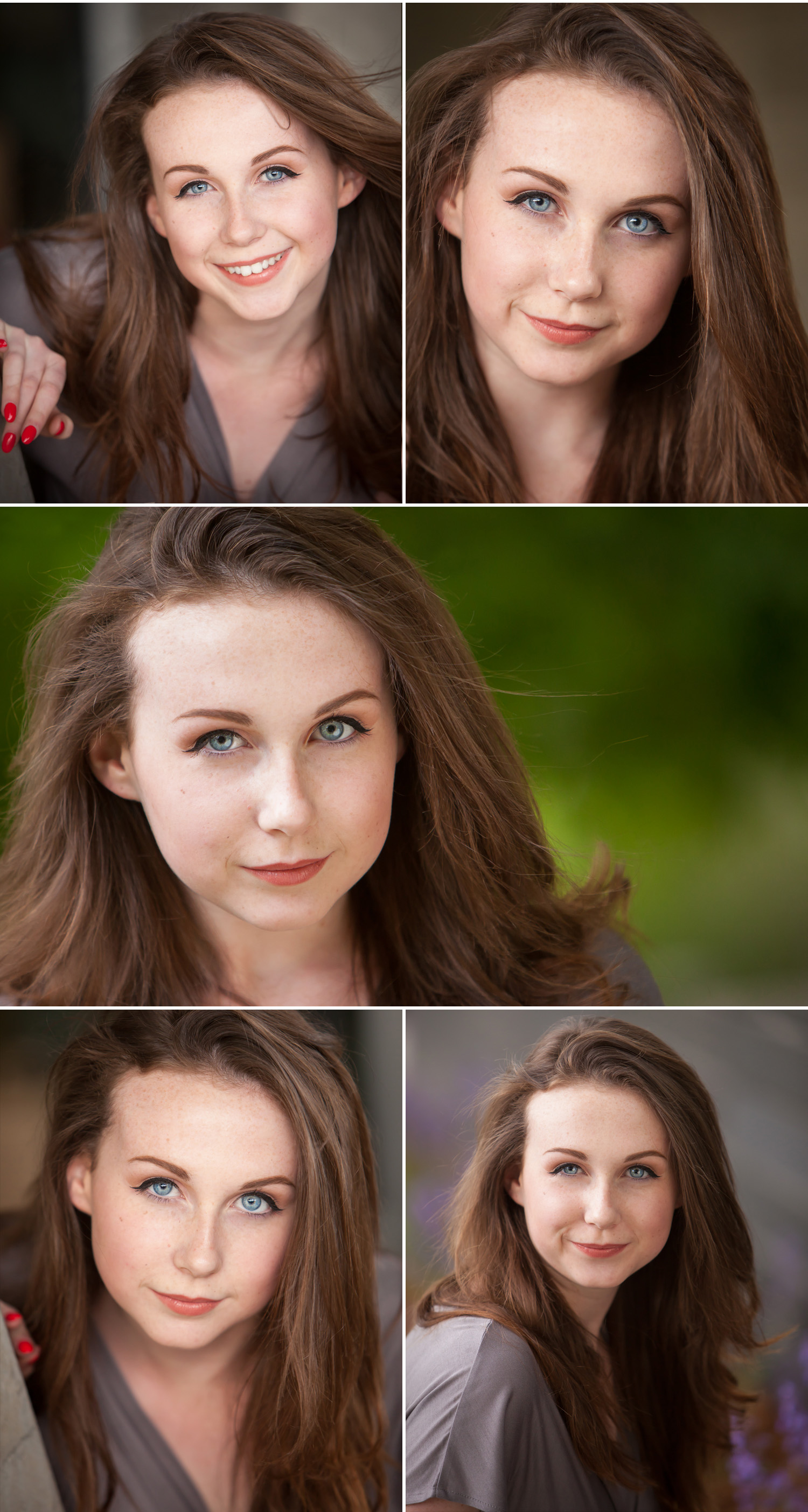 Wind blown natural light headshots of gorgeous brunette actor with blue eyes, by Denver photographer Jennifer Koskinen, Merritt Portrait Studio