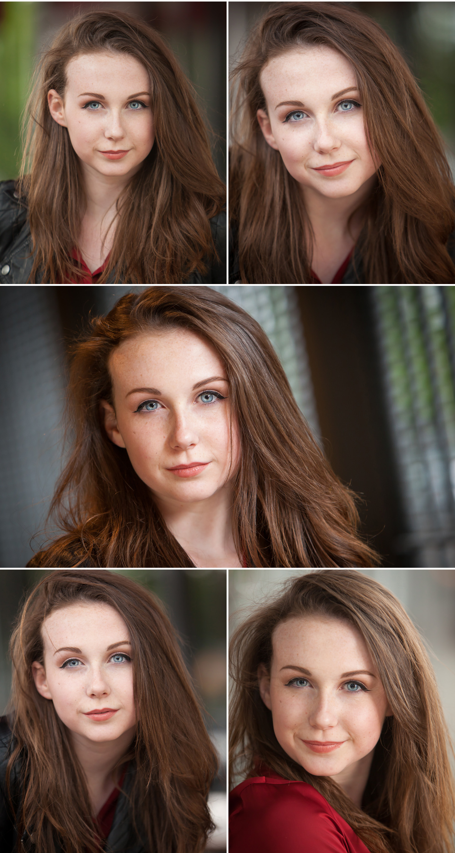 Wind blown natural light headshots of gorgeous brunette actor with blue eyes, by Denver photographer Jennifer Koskinen, Merritt Portrait Studio