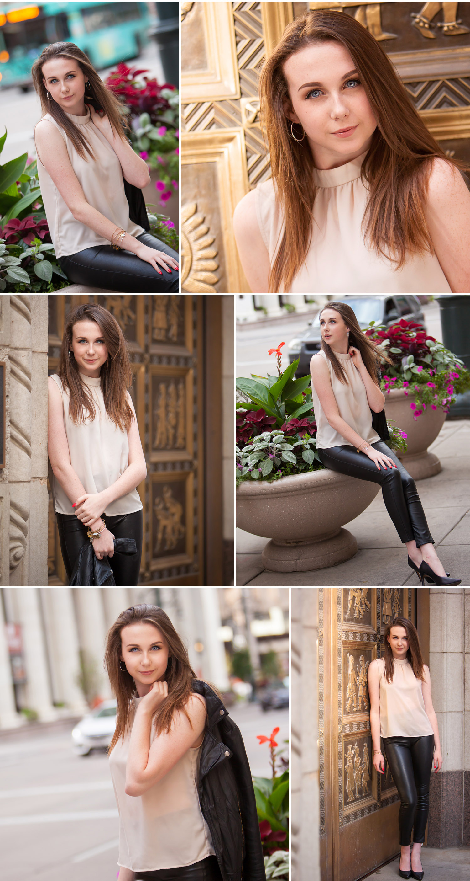 Fashion Inspired urban High School Senior pictures in leather pants in downtown Denver with photographer Jennifer Koskinen of Merritt Portrait Studio