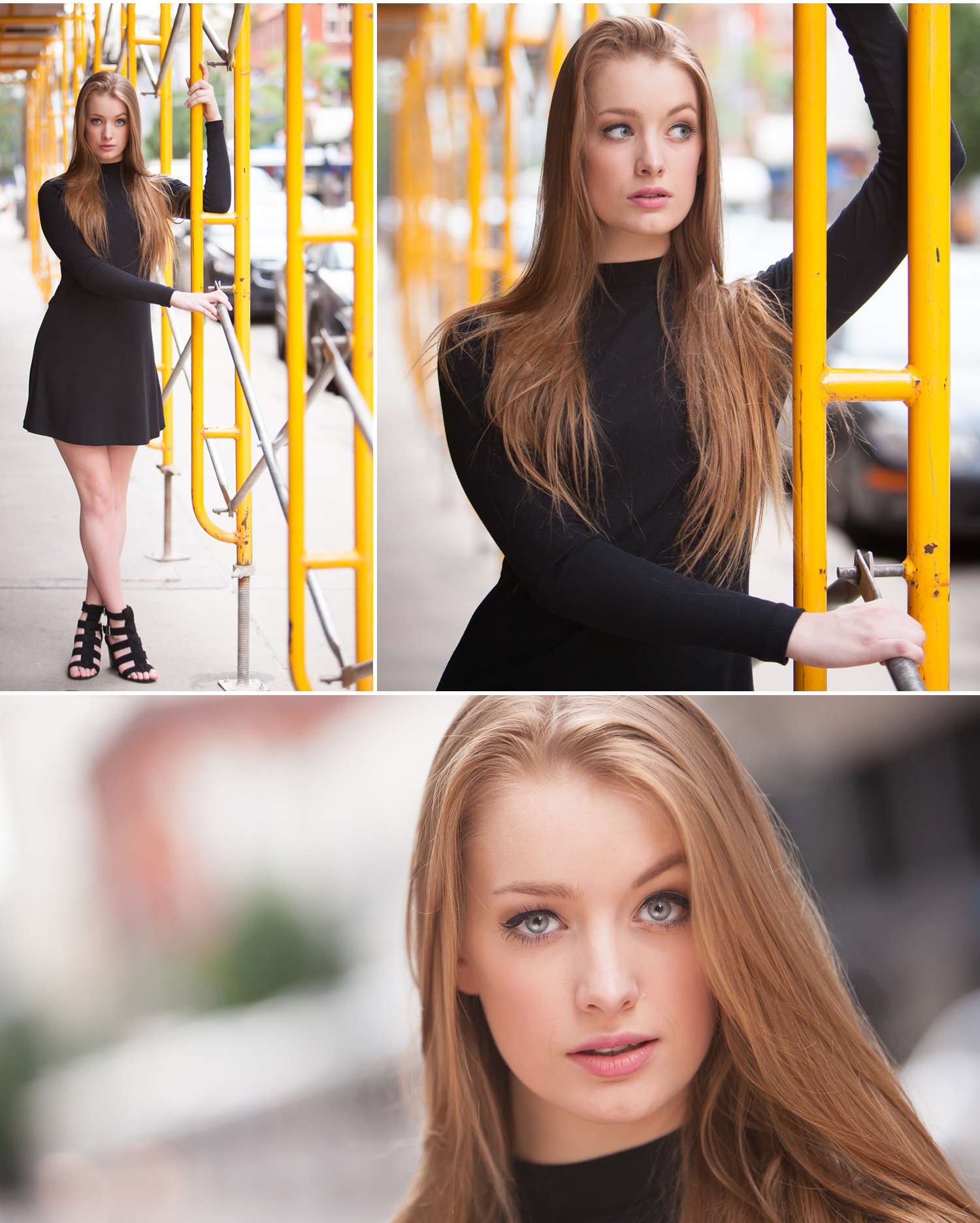 Fashion portrait posing in sidewalk construction tunnel in Denver with photographer Jennifer Koskinen, Merritt Portrait Studio