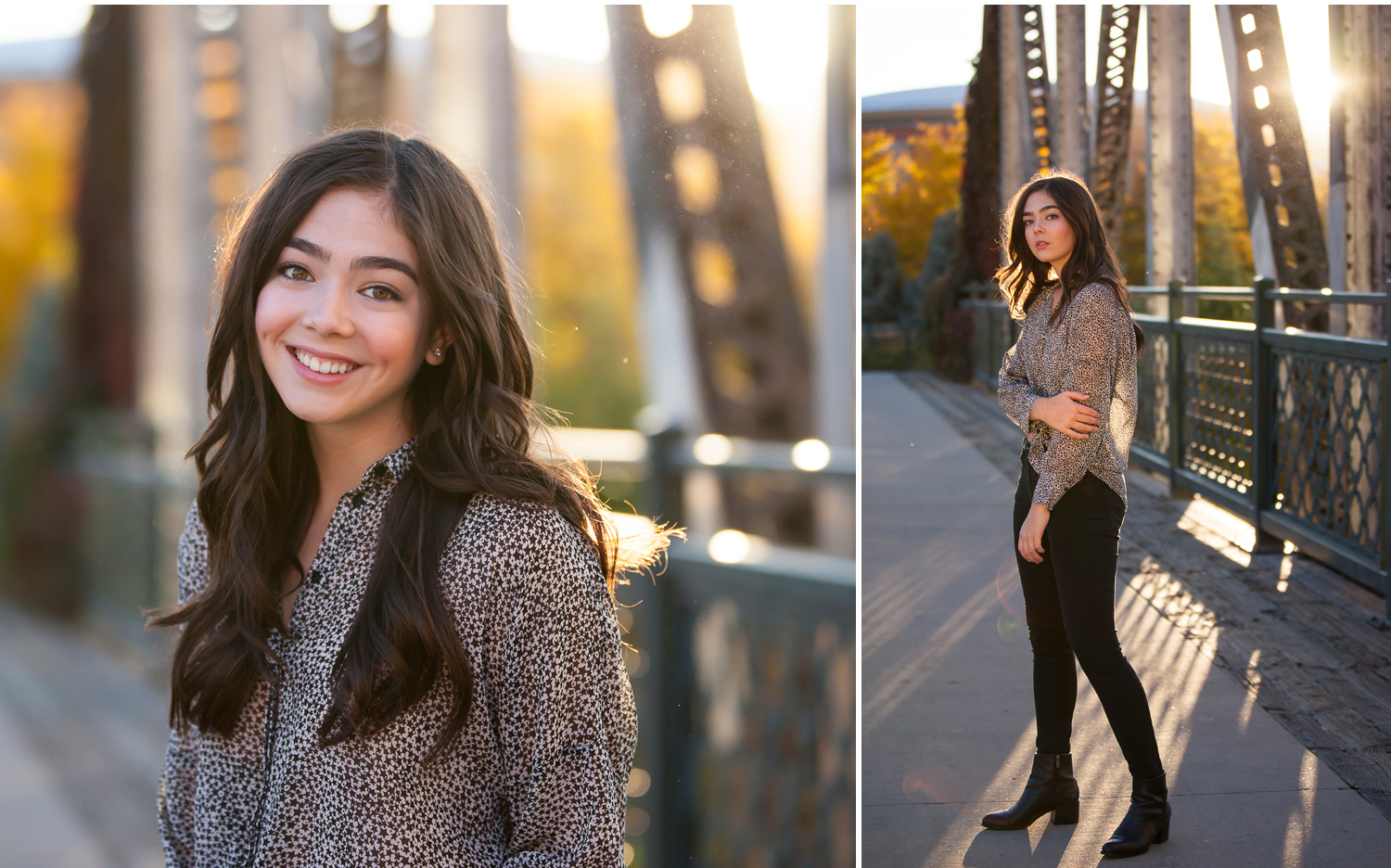 Sunlight pours behind autumn fashion inspired senior portrait session in downtown Denver with photographer Jennifer Koskinen, Merritt Portrait Studio