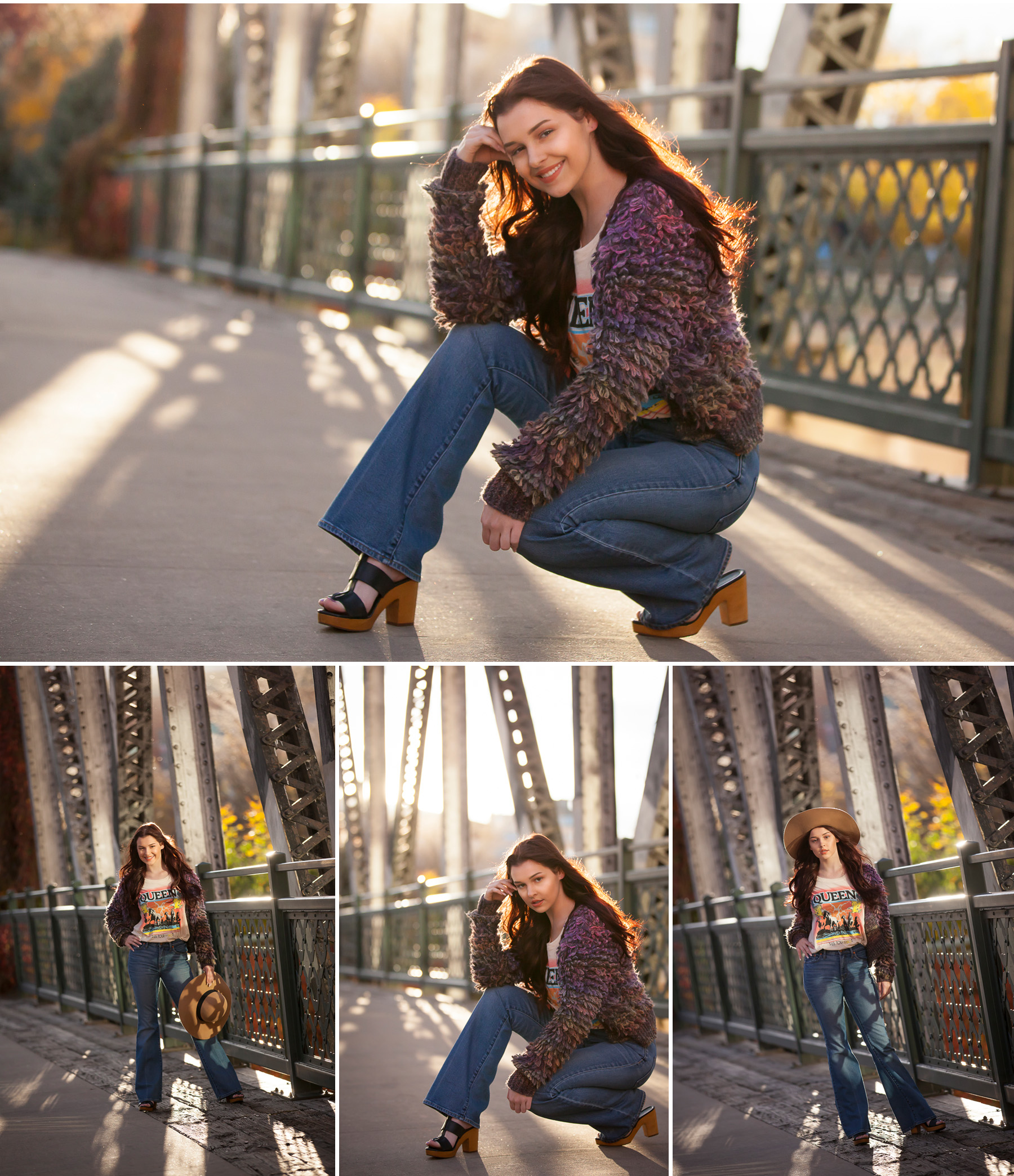 High School Senior Pictures in vintage wardrobe on bridge with backlight, with Denver photographer Jennifer Koskinen, Merritt Portrait Studio