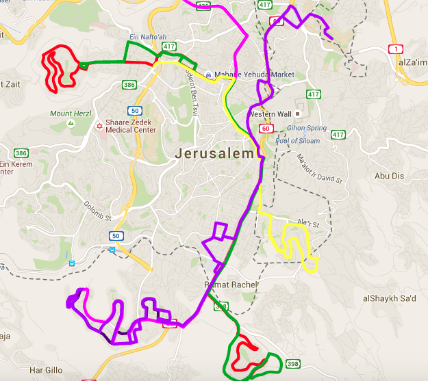 Jewish Bus lines that trace similar paths and share bus stops with the Arab Bus #231 or #232 and share. Click to make bigger. 