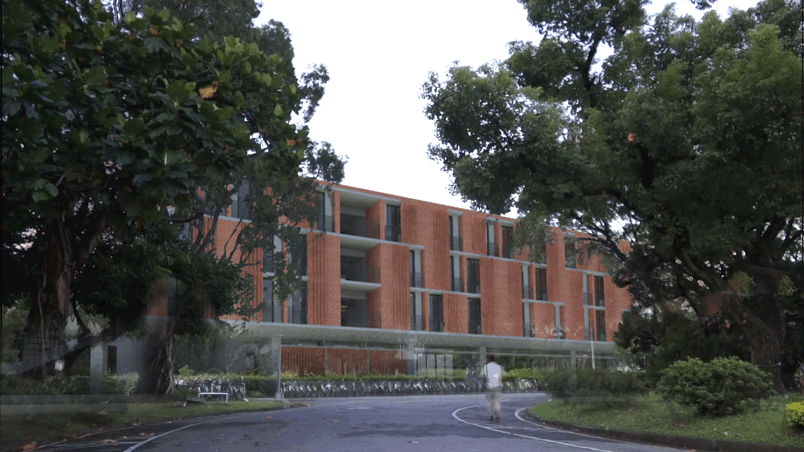 人文館南向主入口處，隱身於樹叢後的人文館與周邊景觀融為一體。