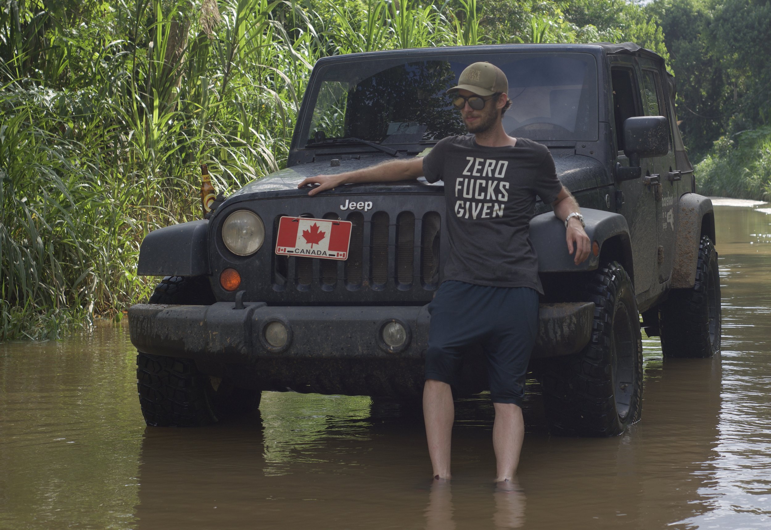After almost loosing the Jeep in a river, I decided to pose with a ZERO FUCKS GIVEN t-shirt.