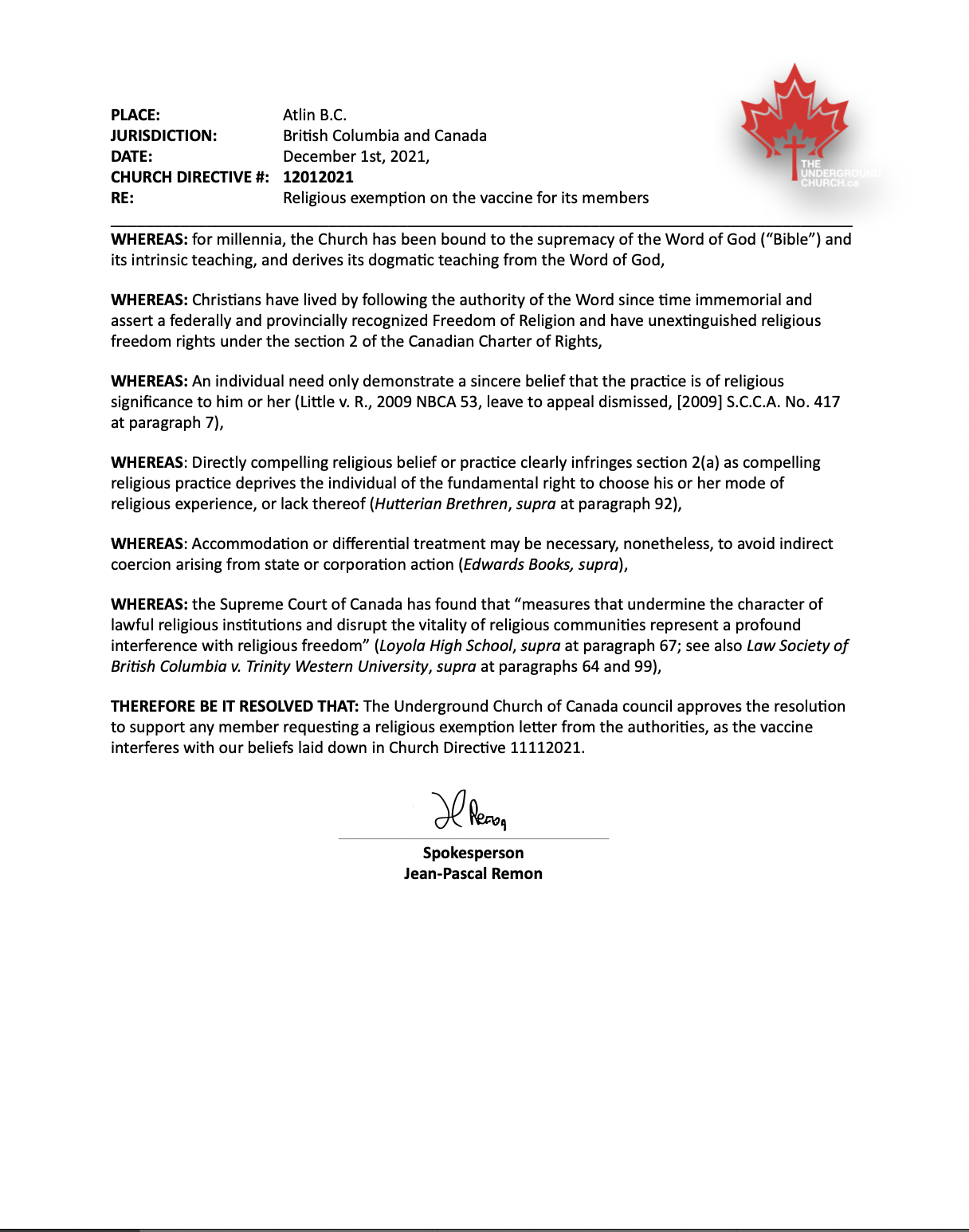 Church Directive – Religious Exemption for its members