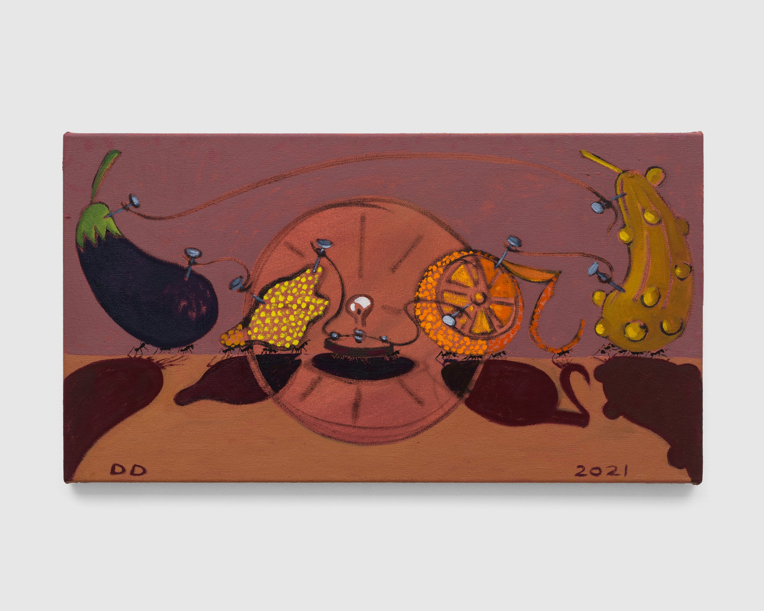   Ants carry Fruit Battery , Oil on Cotton, 30.5 x 56 cm, 2021 