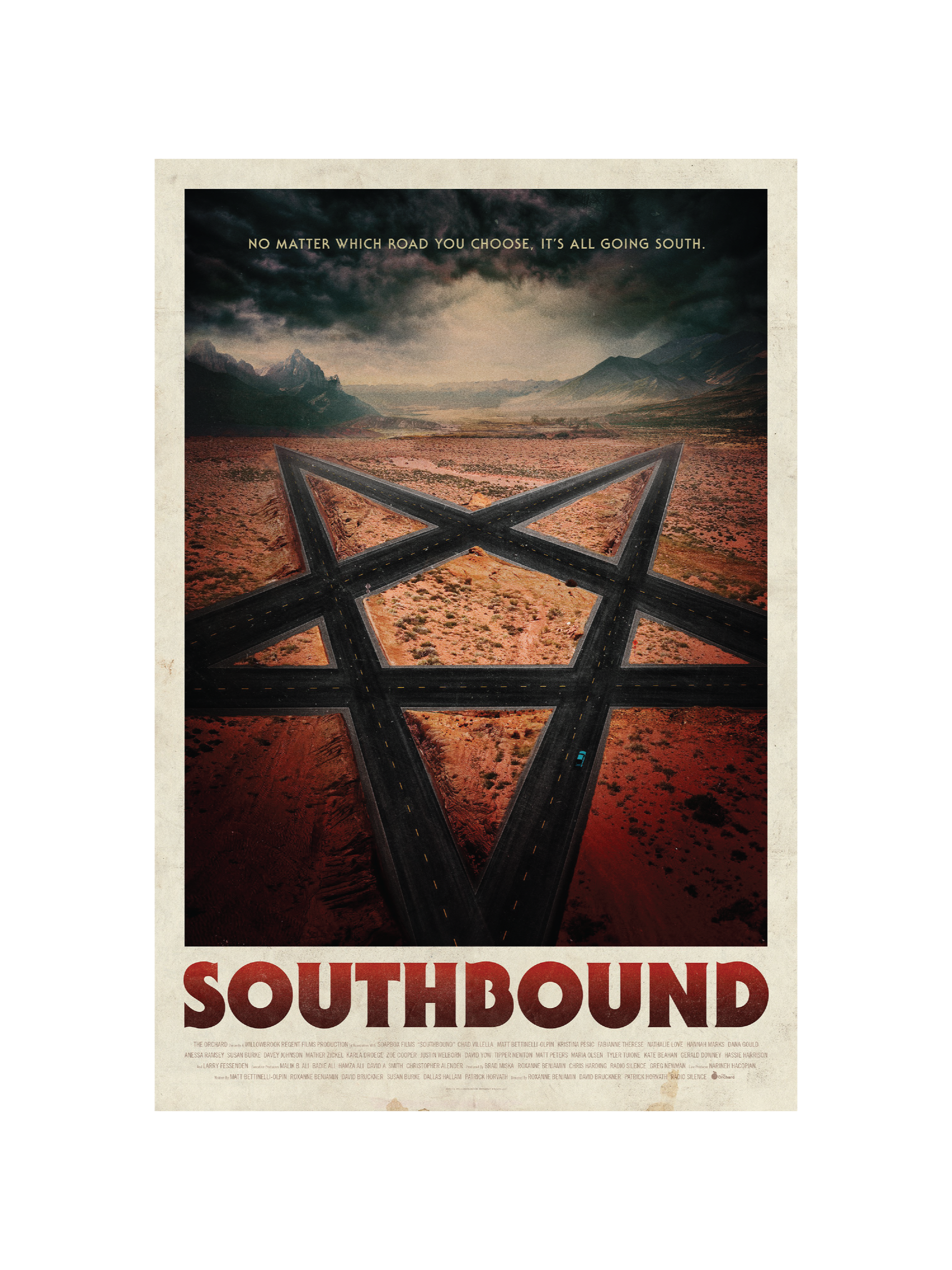 A movie poster for 'Southbound' features a desert landscape with dark stormy clouds, mountains in the distance, and a network of roads forming a star-like shape in the foreground. The tagline reads, 'No matter which road you choose, it's all going south.'