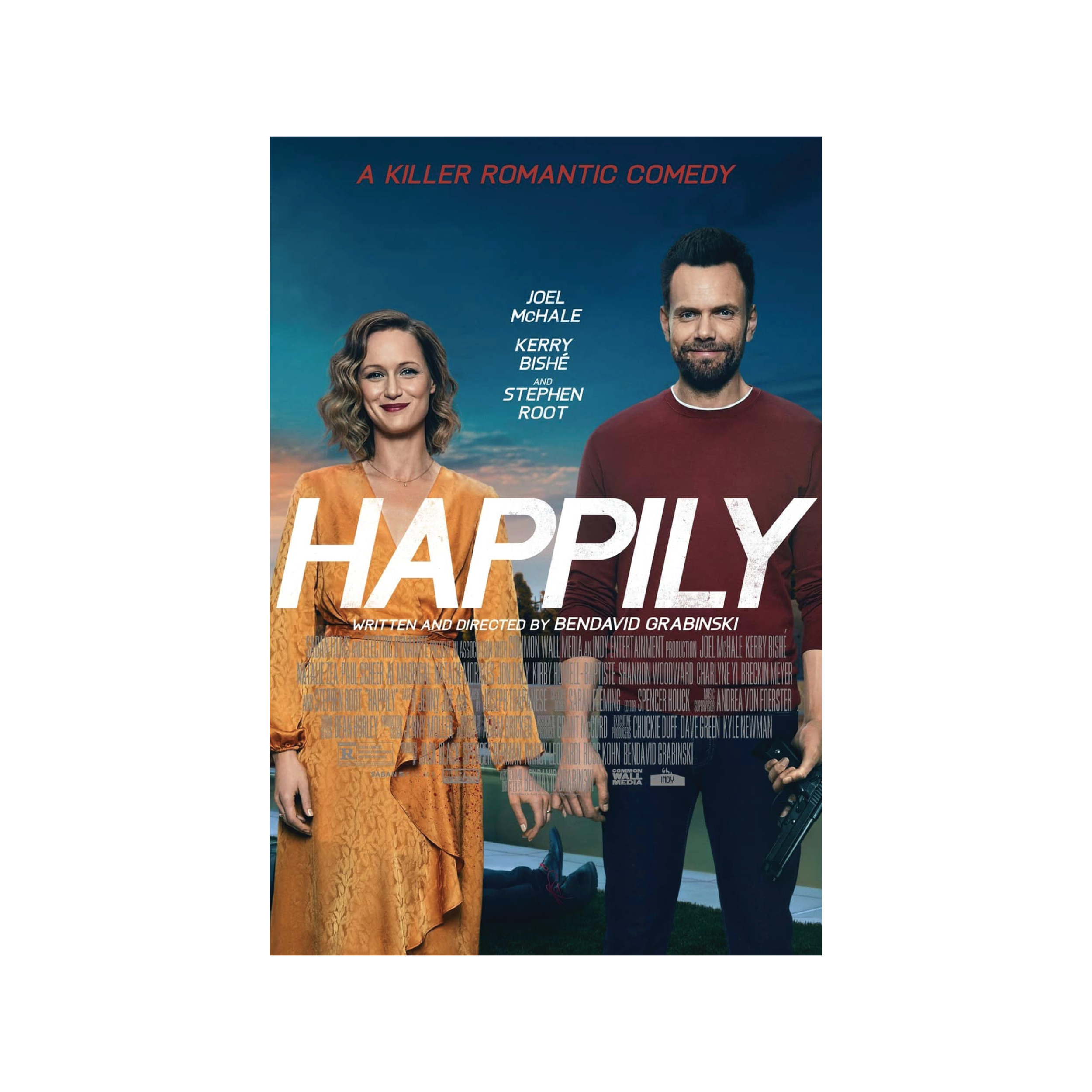 Movie poster for 'Happily' featuring a woman in an orange dress and a man in a maroon sweater holding a gun, with a sunset sky background.