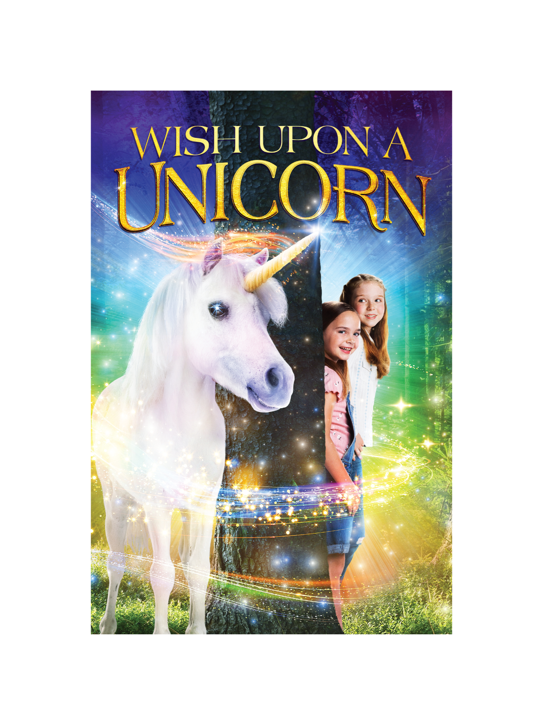 Cover of a book titled "Wish Upon a Unicorn," featuring a white unicorn with a golden horn and two smiling girls in a colorful, magical forest setting with sparkling lights and a split background of moonlit night and bright day.