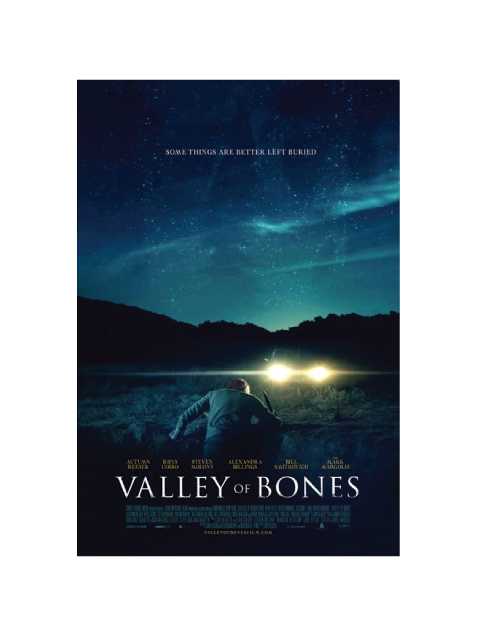 Movie poster for Valley of Bones featuring a person kneeling in a dark field under a starry night sky with headlights in the background and the tagline 'Some things are better left buried'.