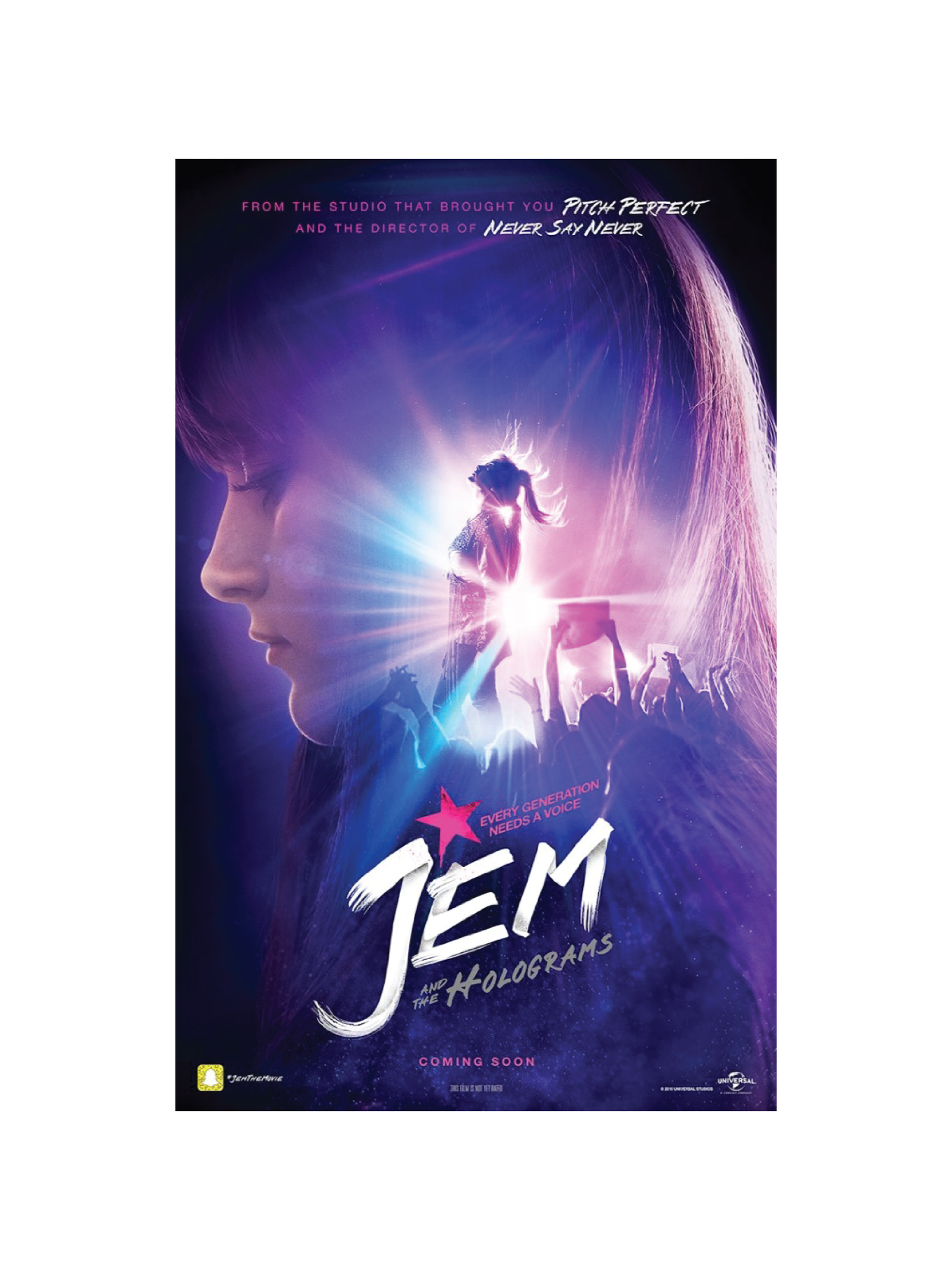 Poster for the movie 'Jem and the Holograms' featuring a large side profile of a girl's face with long hair, a small holographic girl performing on stage, and a crowd of fans. The poster has a purple and blue color scheme with bright light effects.