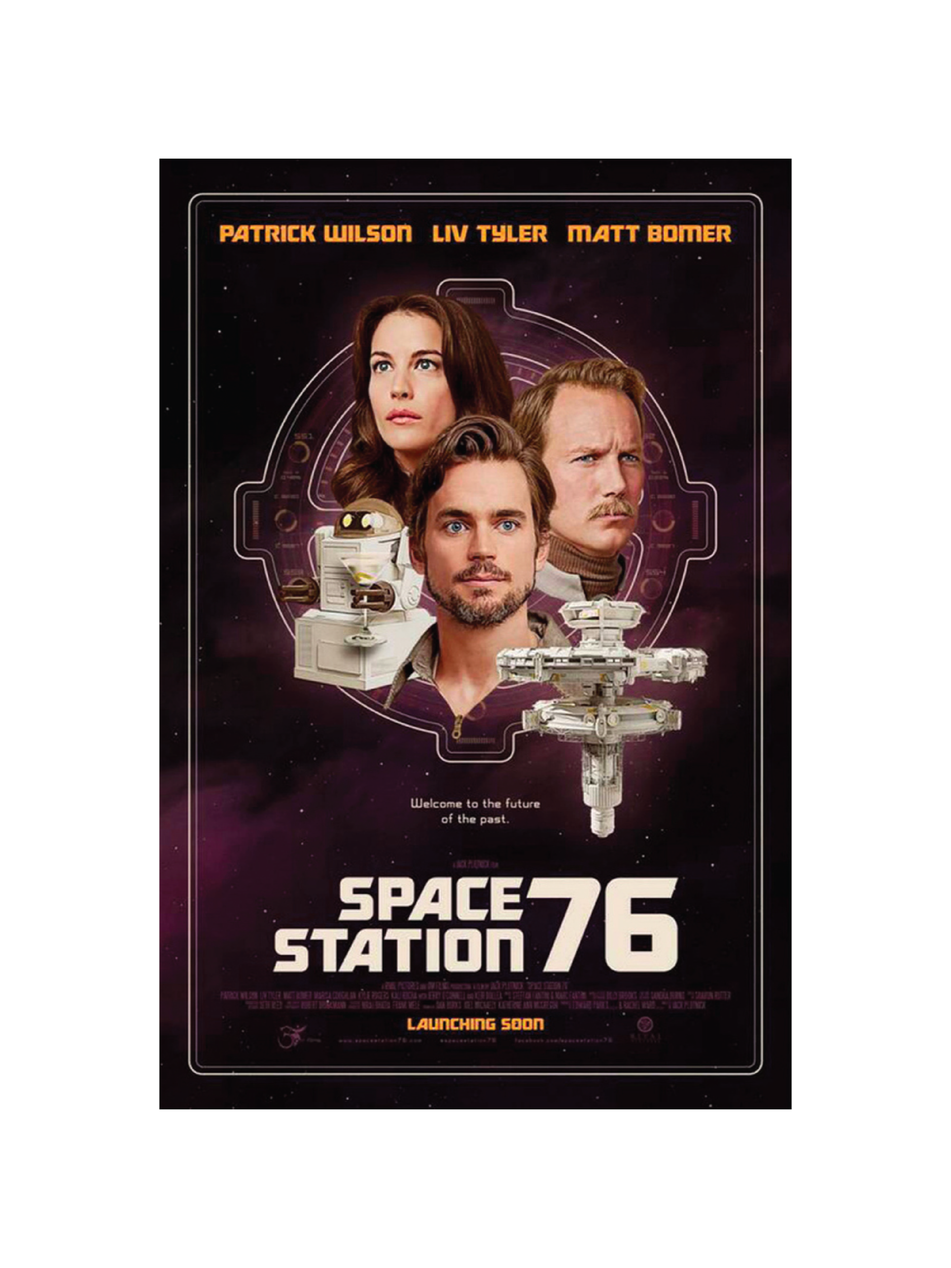 Poster for the movie 'Space Station 76' featuring three characters and space-themed background.