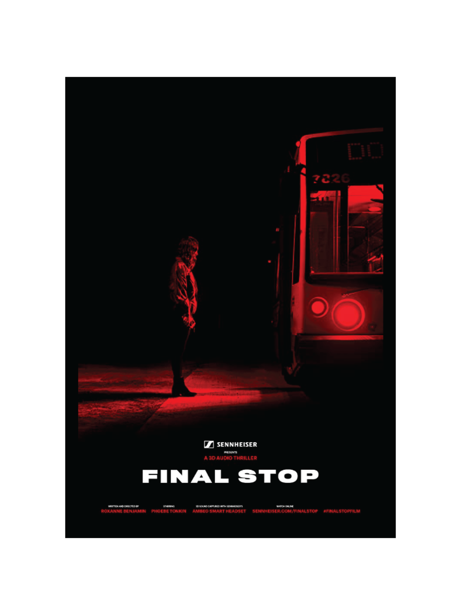 Poster for the film 'Final Stop' featuring a woman waiting for a bus at night, illuminated by red lights from the bus, with the title and credits at the bottom.