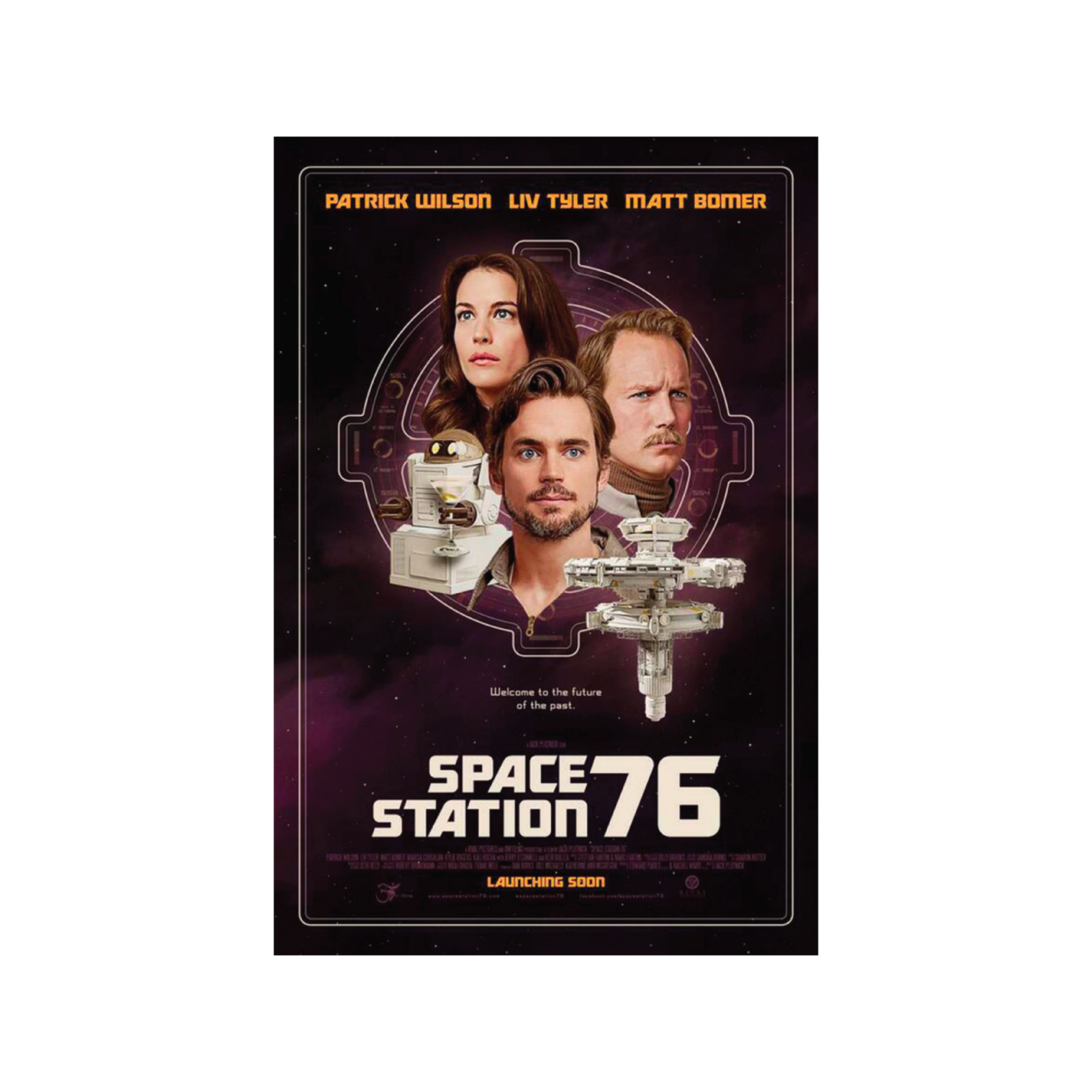 A promotional poster for the movie 'Space Station 76' featuring three characters with a space theme background, a spaceship, and a tagline that says 'Welcome to the future of the past.'