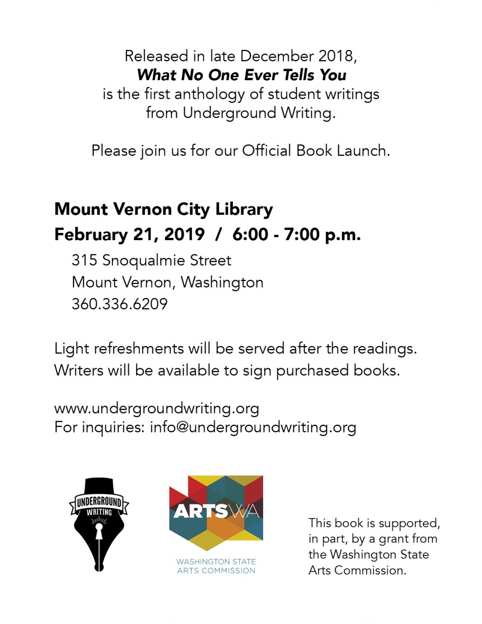 BOOK LAUNCH, Feb. 21, 2019, 6-7 pm, Mount Vernon City Library, 315 Snoqualmie Street, Mount Vernon, WA 98273. Light refreshments will be served after the readings. Writers will be available to sign purchased books.