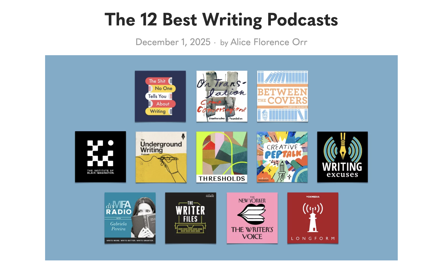  December 1, 2025 | Grateful to be part of  Podcast Review’s  “Top 12 Writing Podcasts.”&nbsp; We’re honored to be included in this group! Thanks, Podcast Review and Alice Florence Orr. &nbsp;&nbsp;Give  The Underground Writing Podcast  a listen, fol