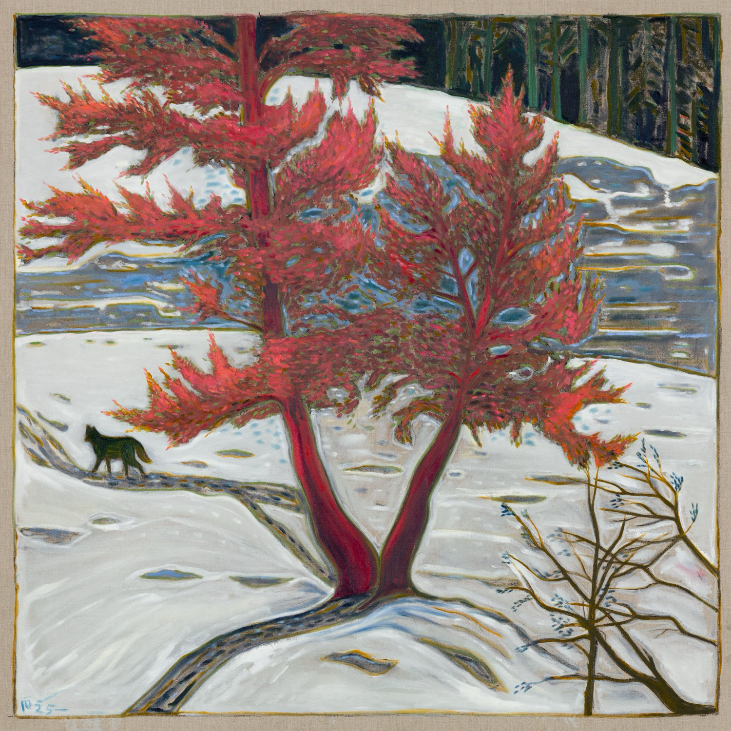 Billy Childish, wolf under red tree, 2025