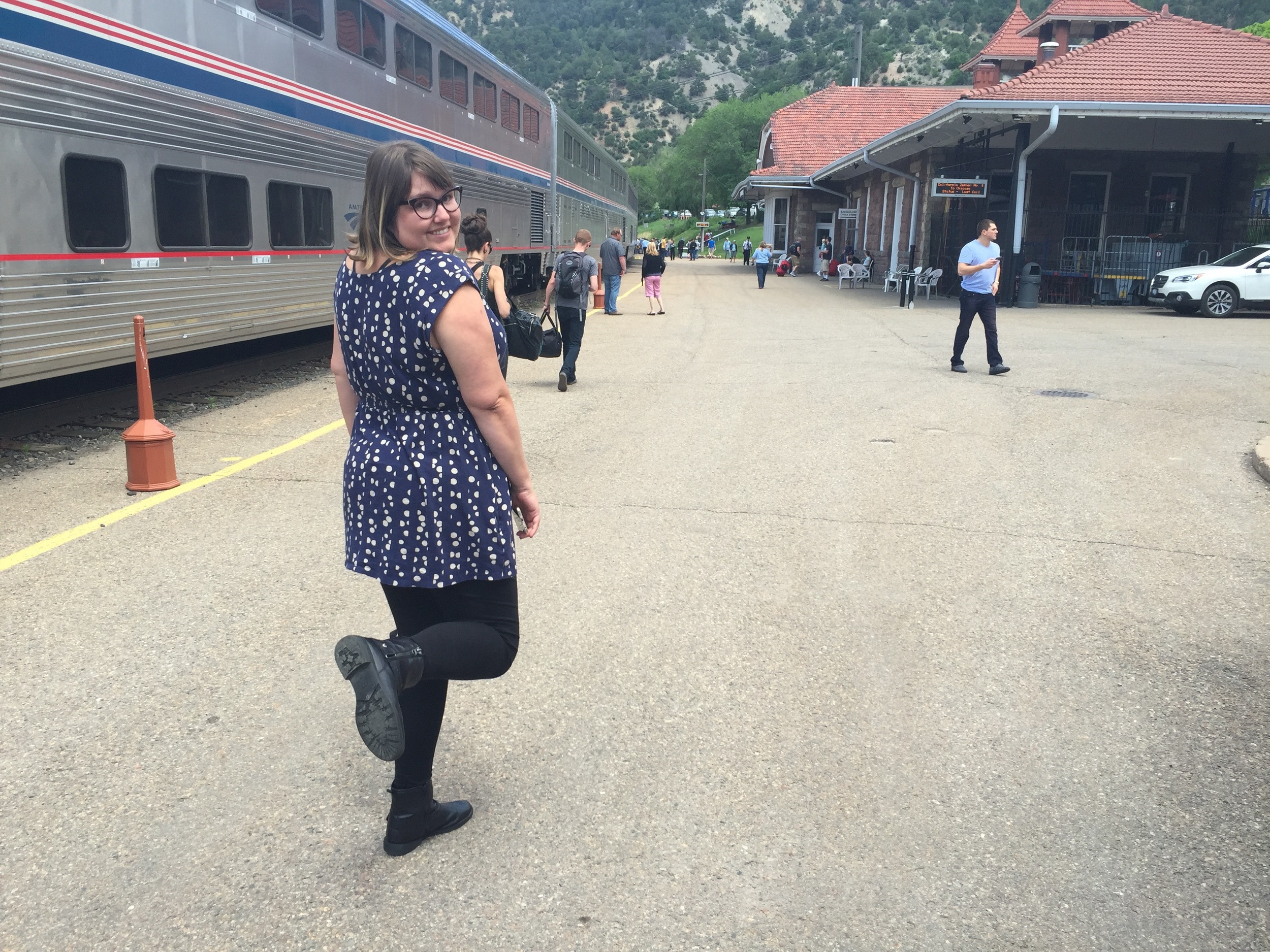 Julie on one of the many station platforms we hoped out at.