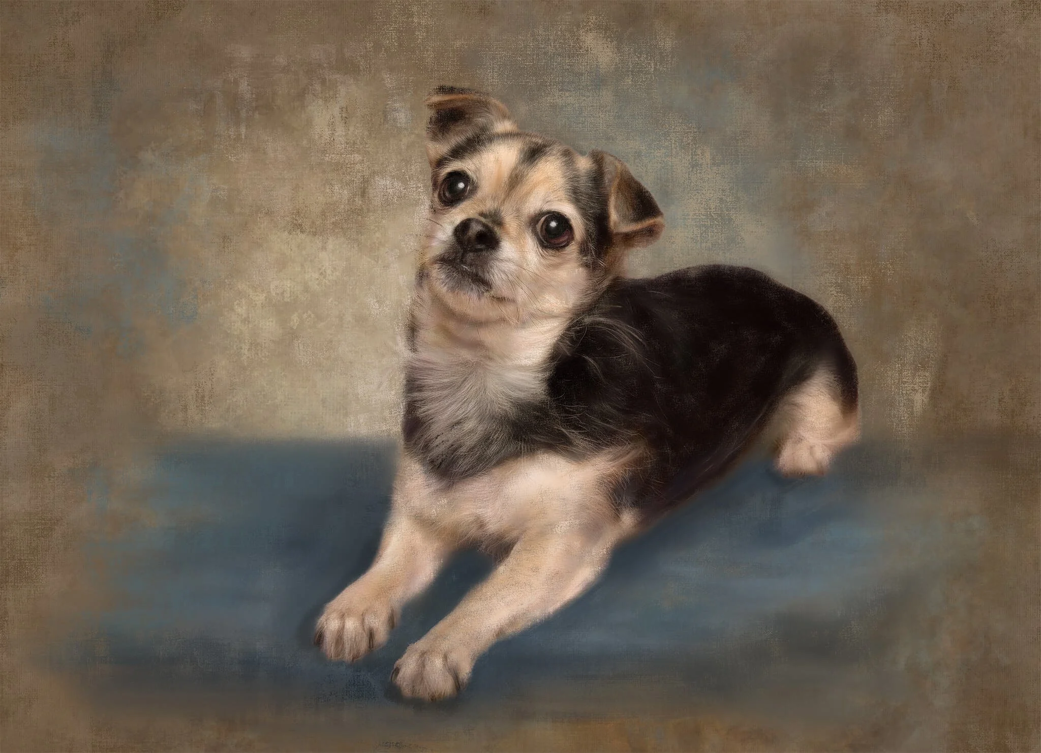 A painterly portrait of a black and tan pug mix