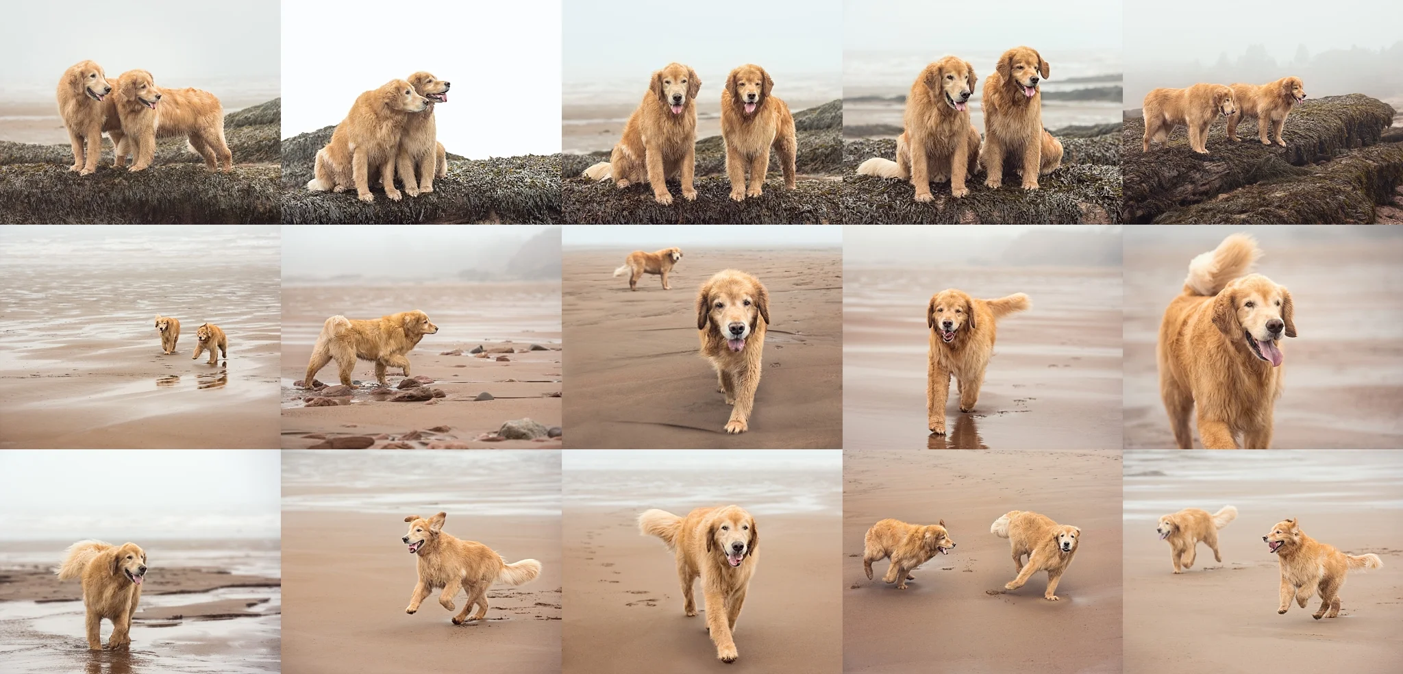 A foggy, drizzly day at the beach can still be lots of fun when there are Golden Retrievers around!