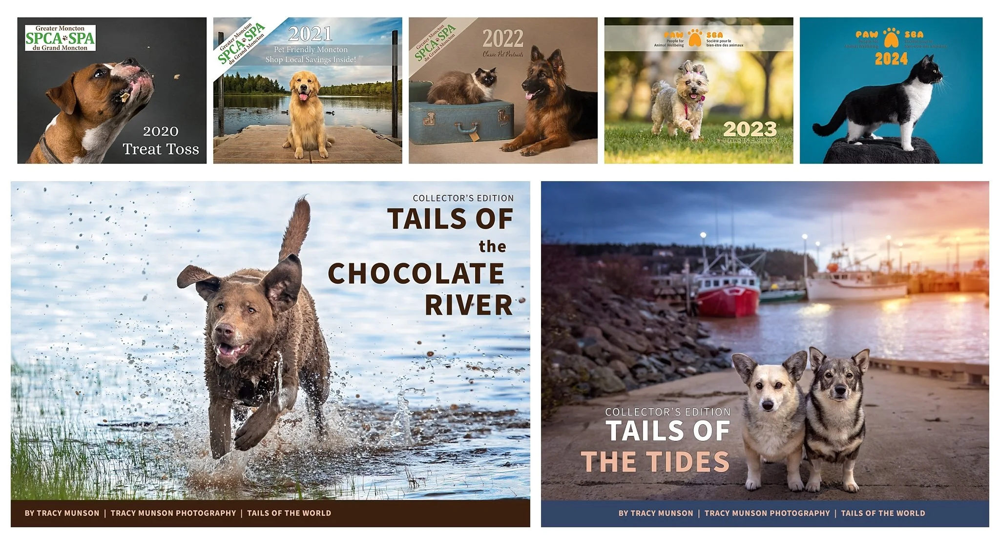 Collection of photographs showing various scenes with dogs, fish, boats, and outdoor landscapes, promoting pet and nature-themed publications by Tracy Munson.