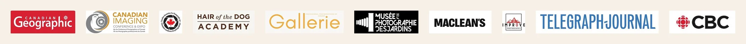 Logos of various organizations including Canadian Geographic, Canadian Imaging Conference & Expo, Hair of the Dog Academy, Gallerie, Musée Photographique des Jardins, Maclean's, Improve Photography, Telegraph-Journal, and CBC