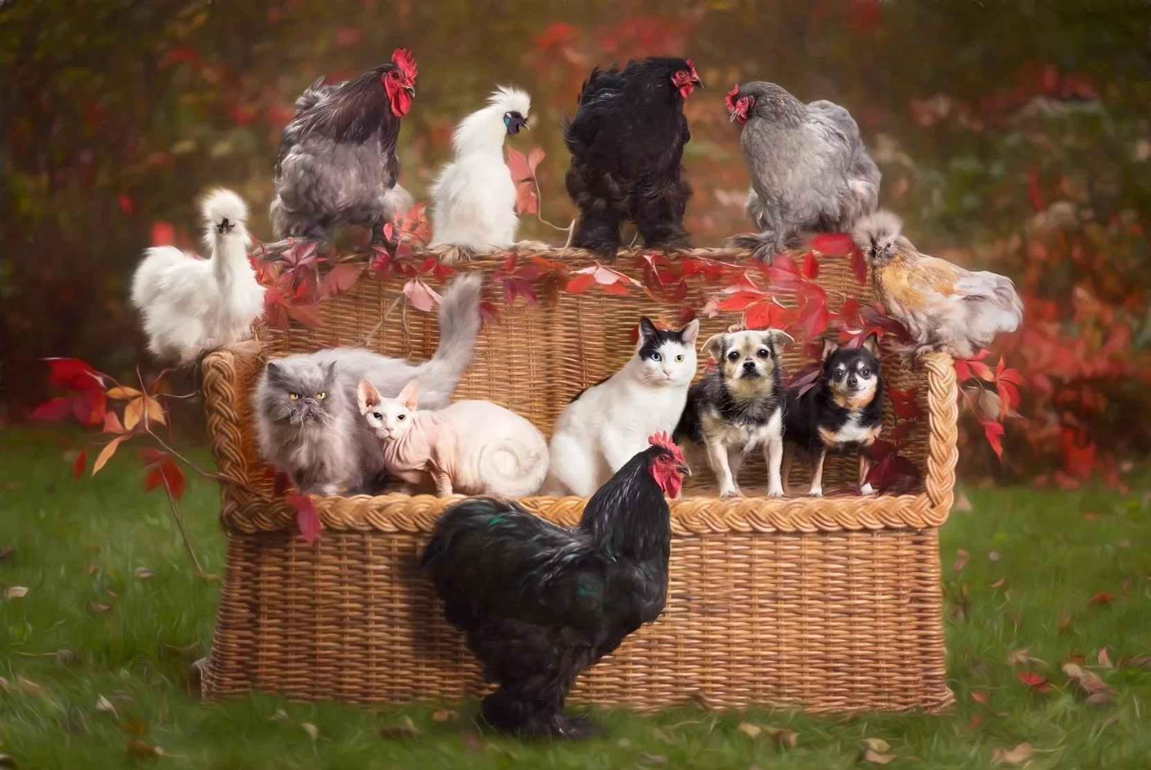 A wicker love seat filled with cats, dogs, and chickens outdoors on a grassy area with autumn leaves and trees in the background.