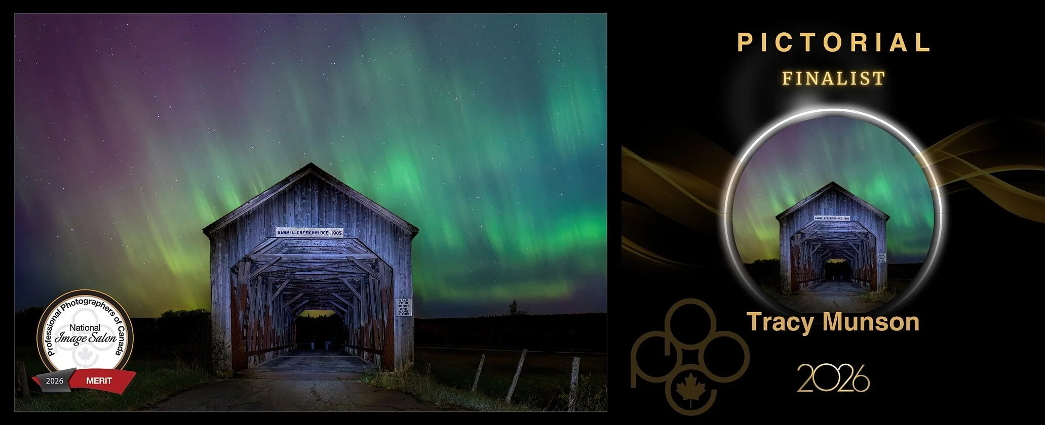 This photo of the Sawmill Creek Covered Bridge in Hopewell Hill, NB, under the Aurora Borealis is a finalist for Best Pictorial Image in the 2026 PPOC National Image Competition.