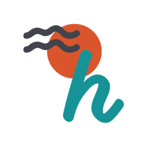 A stylized logo featuring a red circle with three black wavy lines above it, and a lowercase turquoise letter 'h' in front.