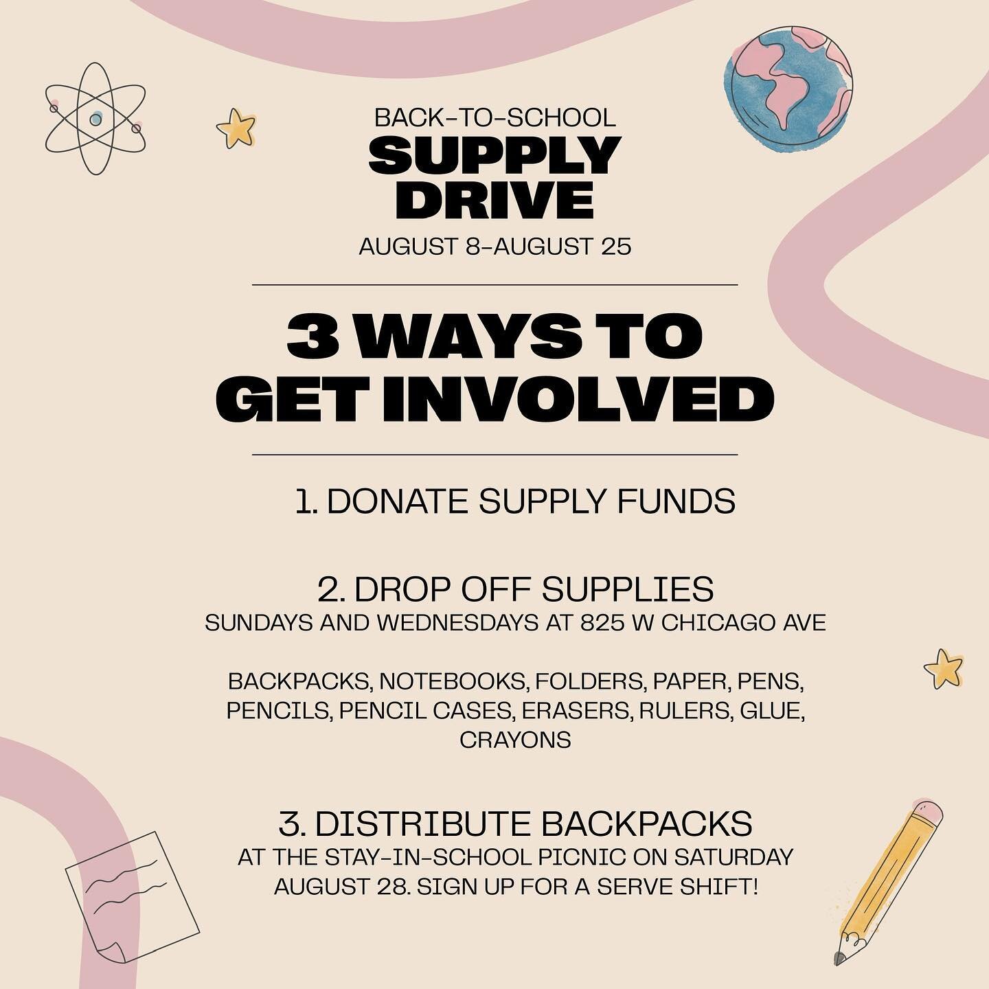 Join us in supporting our Annual Back to School Supply Drive! Every year we provide school supplies for the students at our adopted schools and the 27th Ward!  Bless a family and help fill a backpack. 🎒

01- Donate online now at citychurchchicago.co