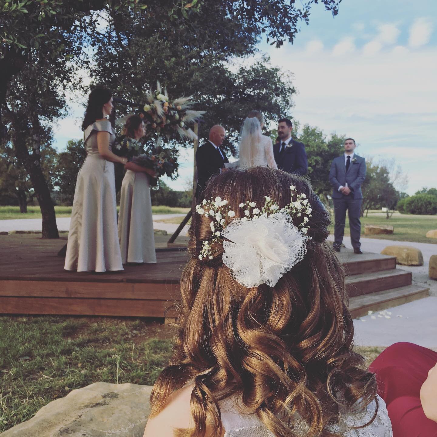 A wedding from the perspective of a flower girl (my daughter)...ceremony, speeches of gratitude, bride and groom dance, bride and father dance.
