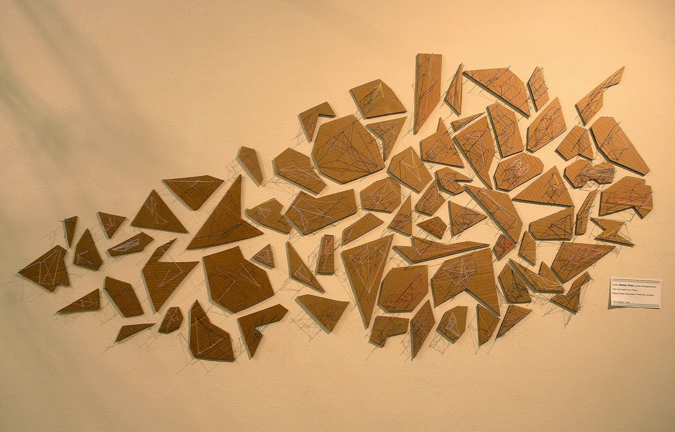 Held together by a thread. Cardboard, pins, thread, glue