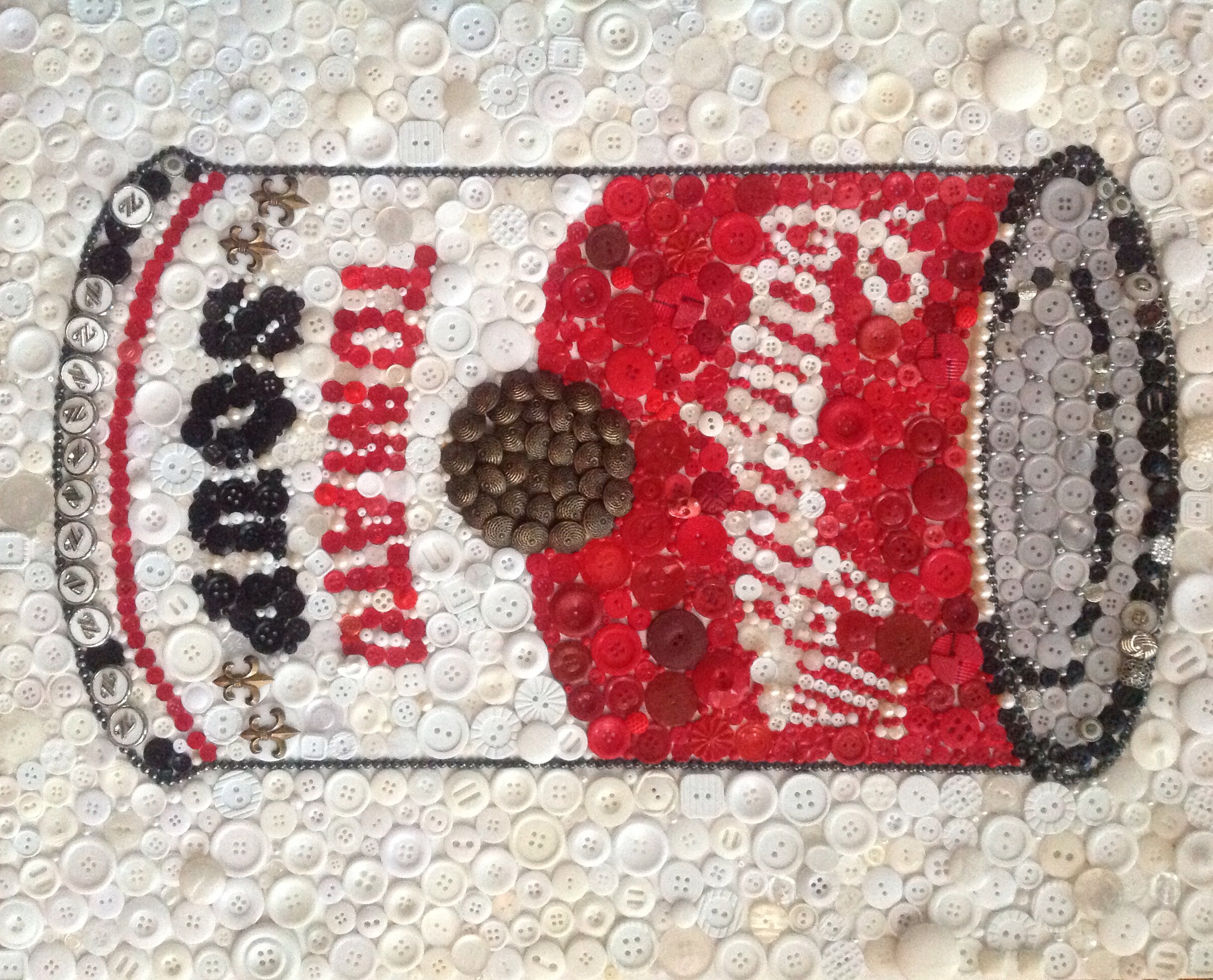 -------CAMPBELLS ------- buttons/beads on canvas 20X24 SOLD
