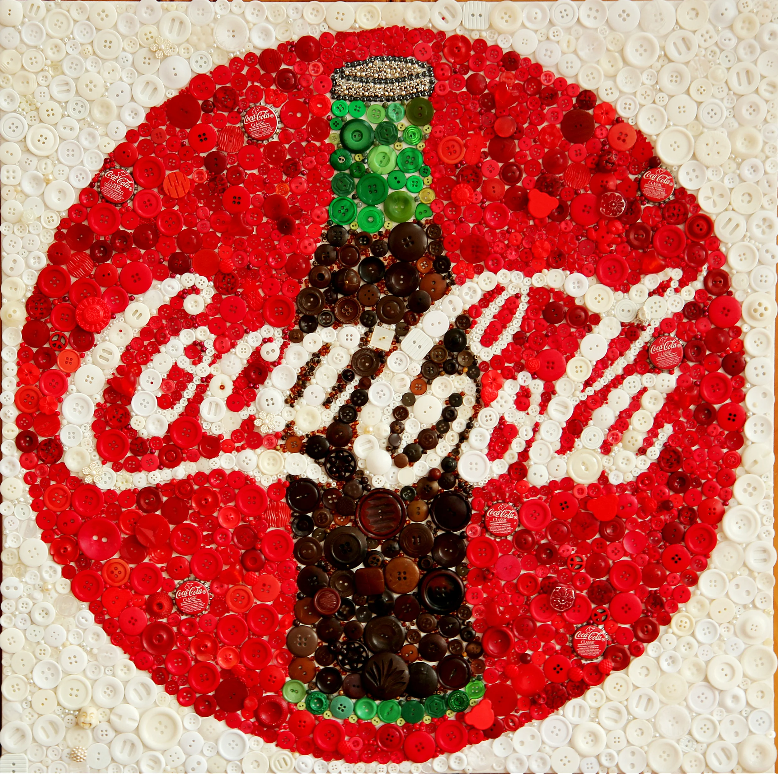 - - - - --------- Coke ------- - - - - Buttons/beads on canvas 24X24 SOLD