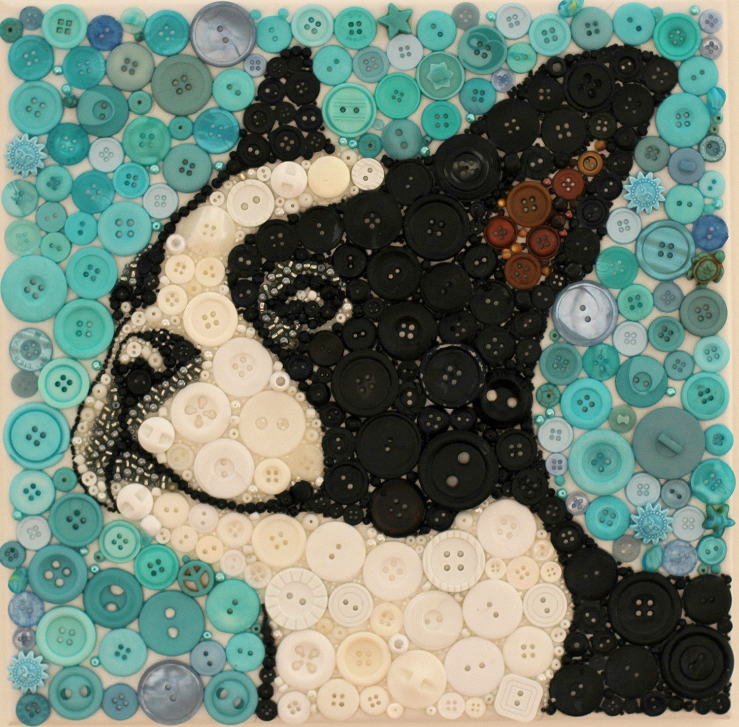 - - - - Boston terrier - - - - Buttons/beads on canvas 12X12 SOLD