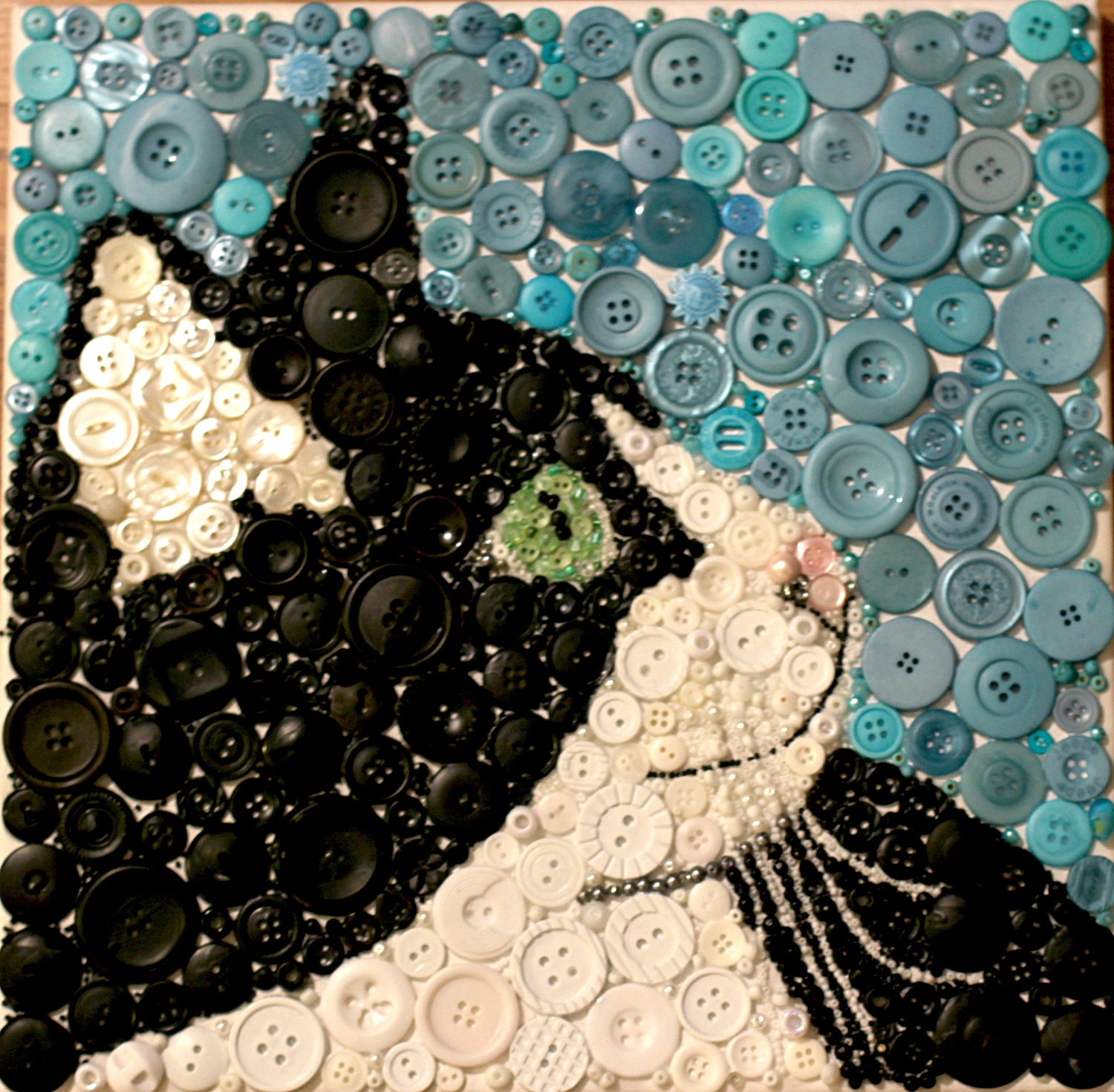 - - -------Tuxedo cat------- - - buttons/beads on canvas 12X12 SOLD