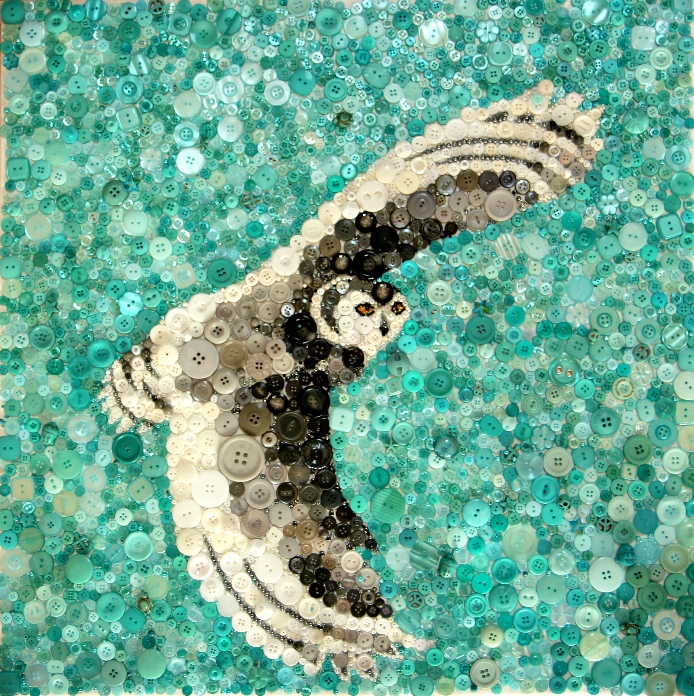 Snowy owl, Buttons and Beads on canvas 24" X 24"