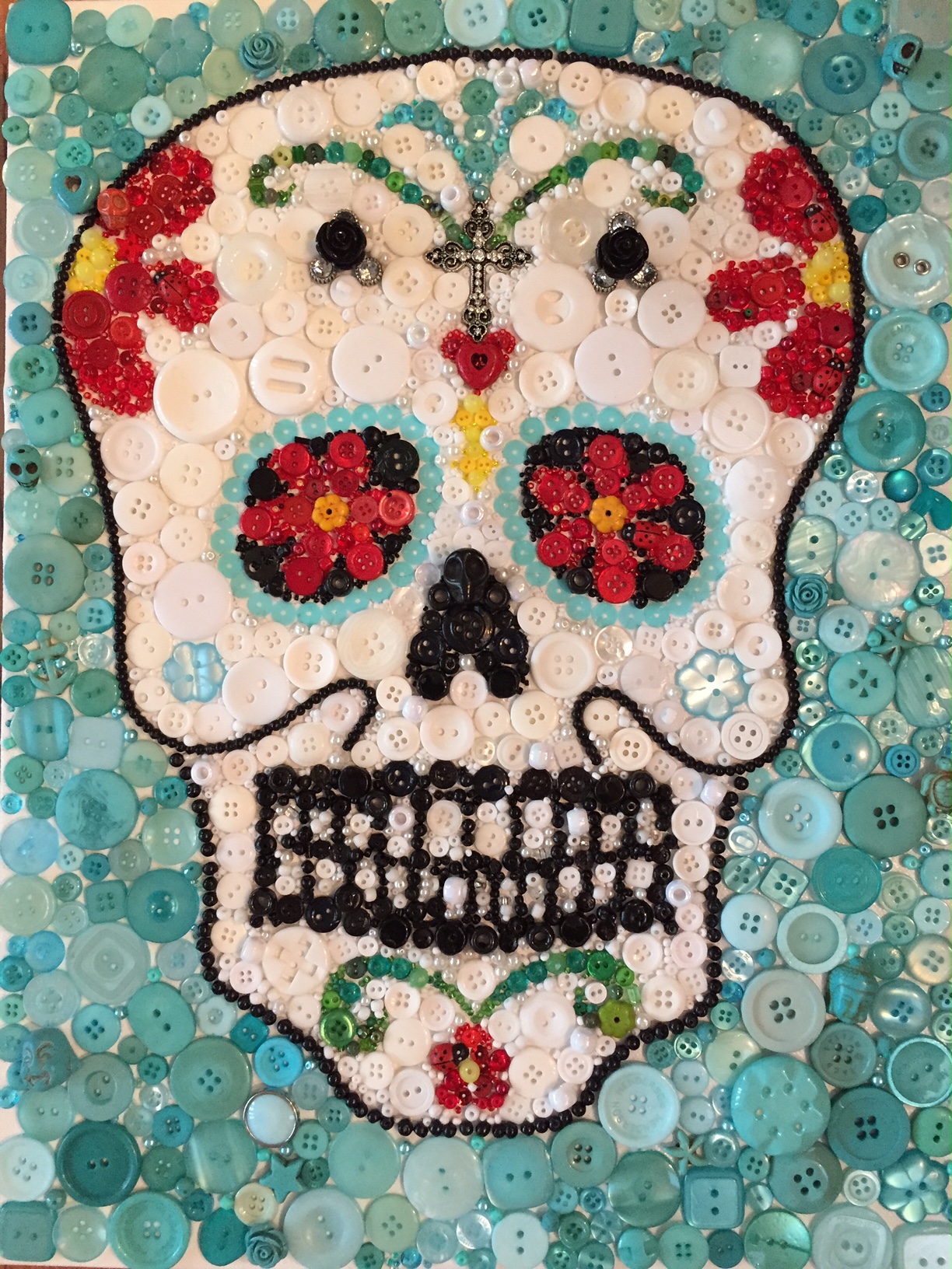 Sugar Skull 1 --- Buttons, beads on canvas 12" X 20" --- $250