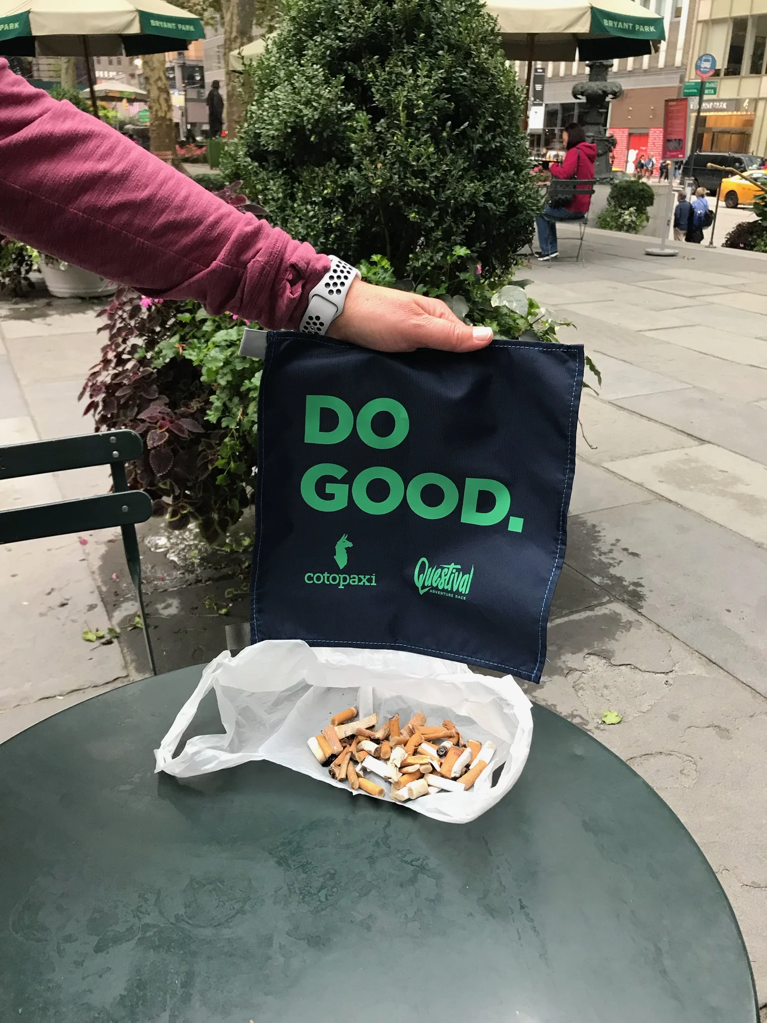 Fifty cigarette butts picked up for a park and thrown away.