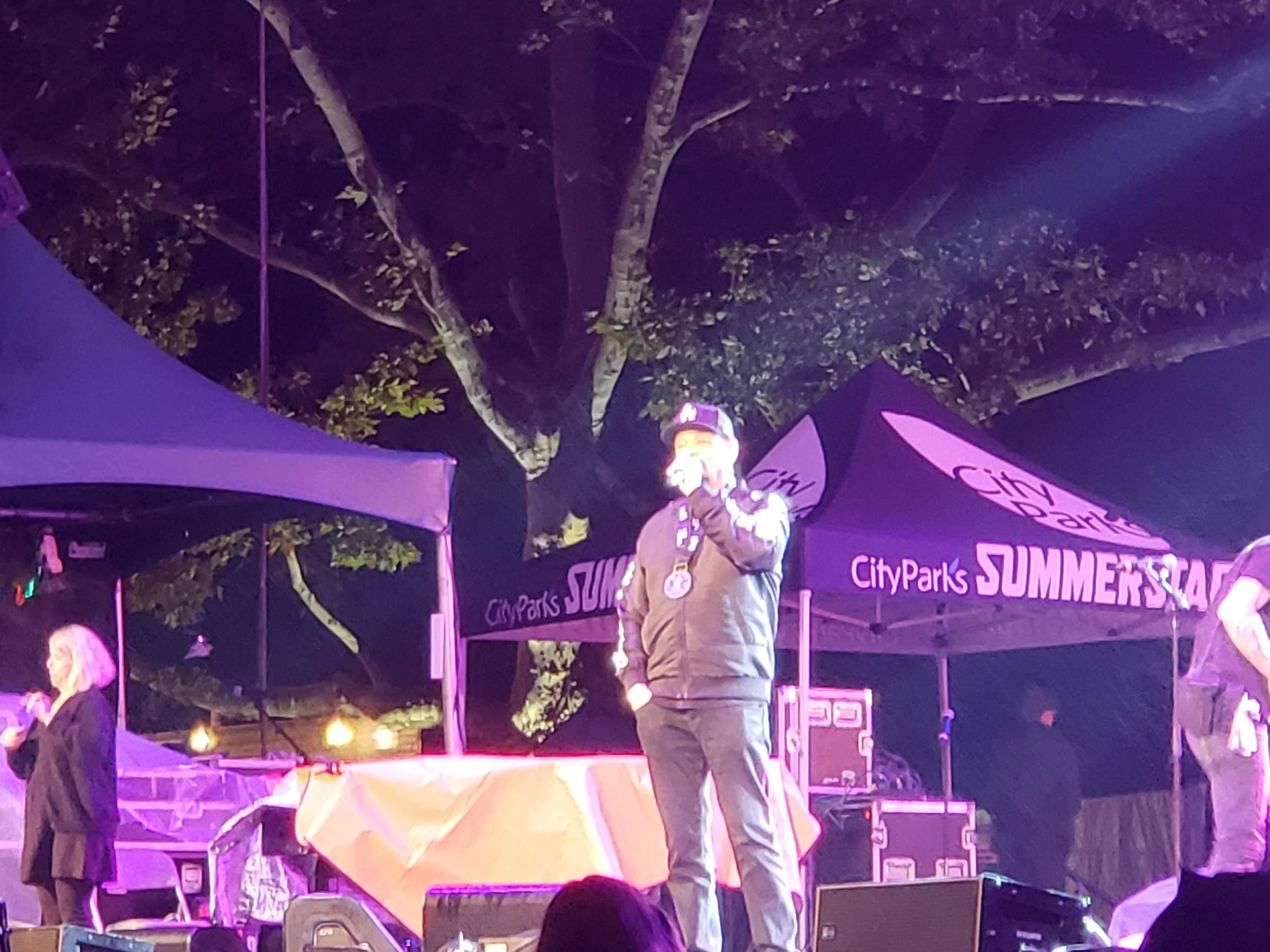 Ice T speaking at the No Barriers Concert with an ASL interpreter in the background.