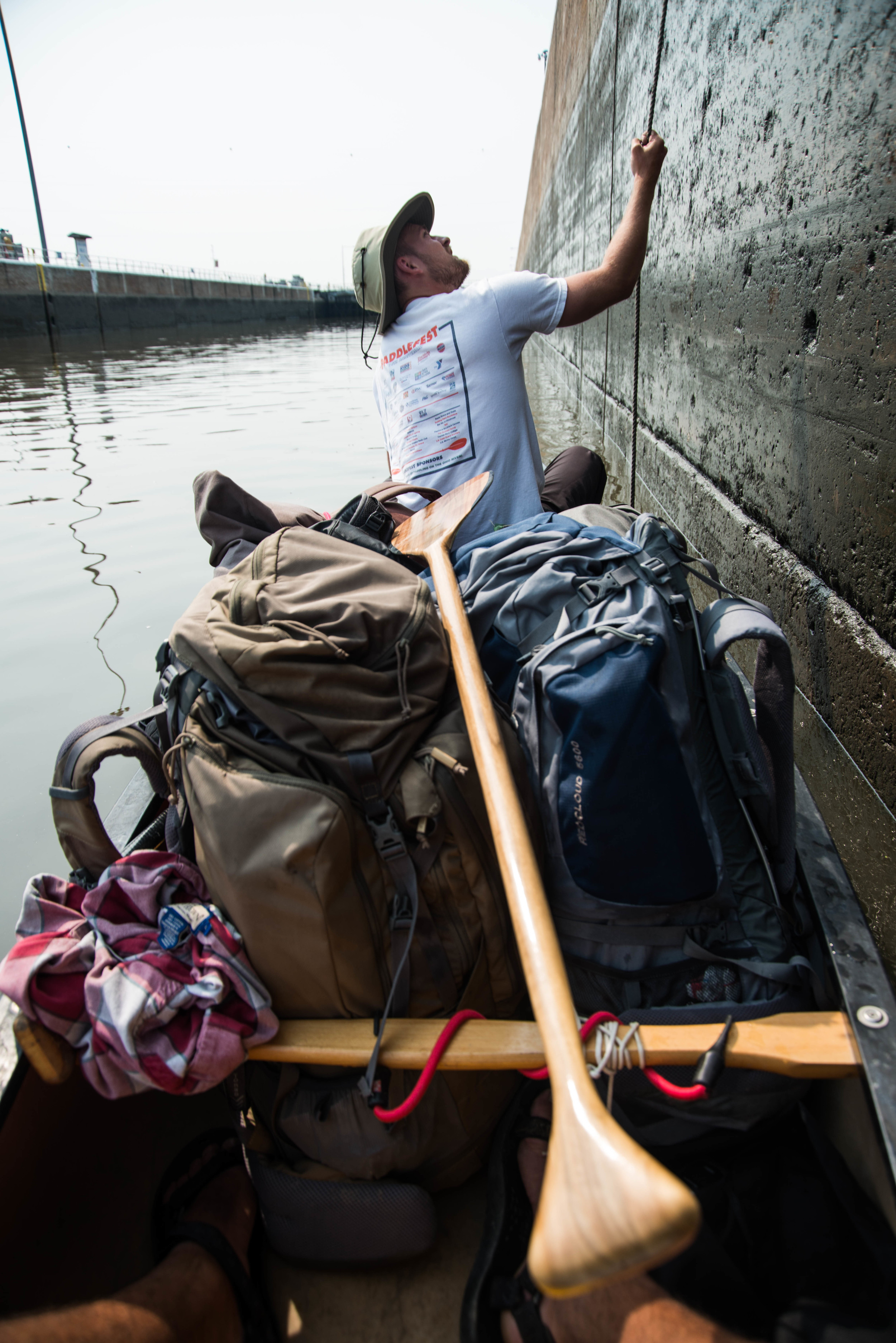 The lock & dam systems were a topic of curiosity for us. Two fellas in a canoe was always something of wonder for the people running the locks. We would take around 10 minutes to lock down (re:descend) and a typical barge (and accompanying tows)