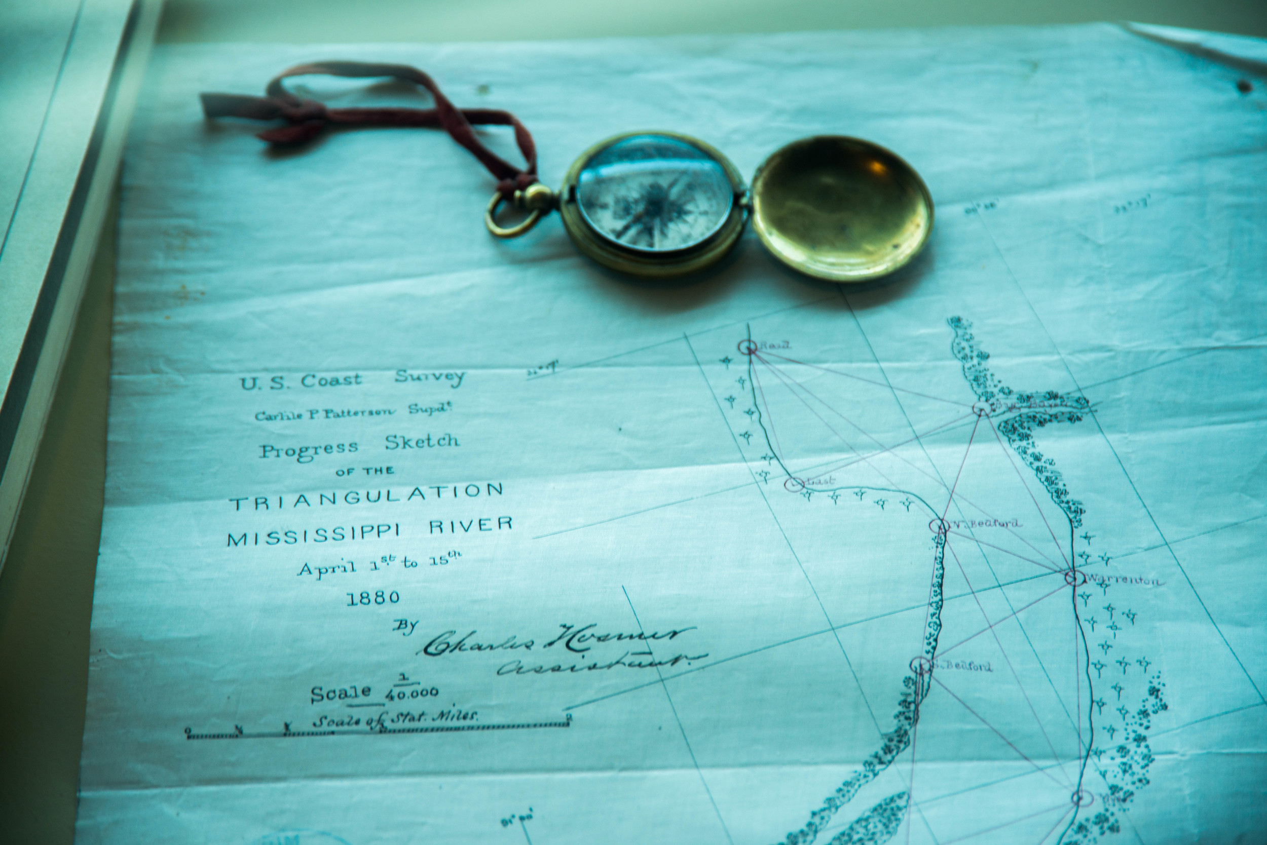 Old Army Corp. of Engineers river navigation map (from the 1800's) and an accompanying brass compass are displayed at the Lower Mississippi River Museum. An excellent stop to make along the river in the remarkable, historical town of Vicksburg, Miss