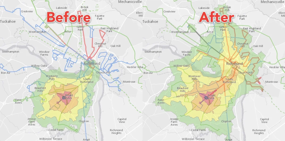 The colored blobs show how far you can get by walking or taking the bus. Red = 15 minutes, Orange = 30 minutes, Yellow = 45 minutes, and Green = 60 minutes. 