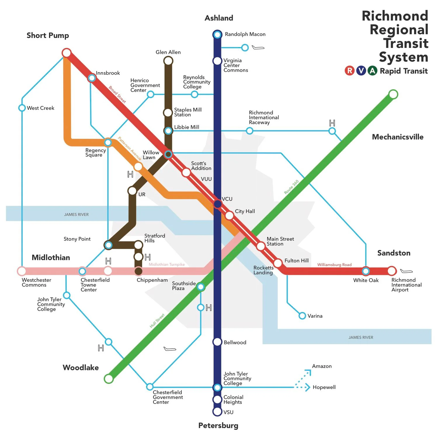 Map highlighting major transit corridors in the regionally approved Greater RVA Transit Vision Plan (PDF)