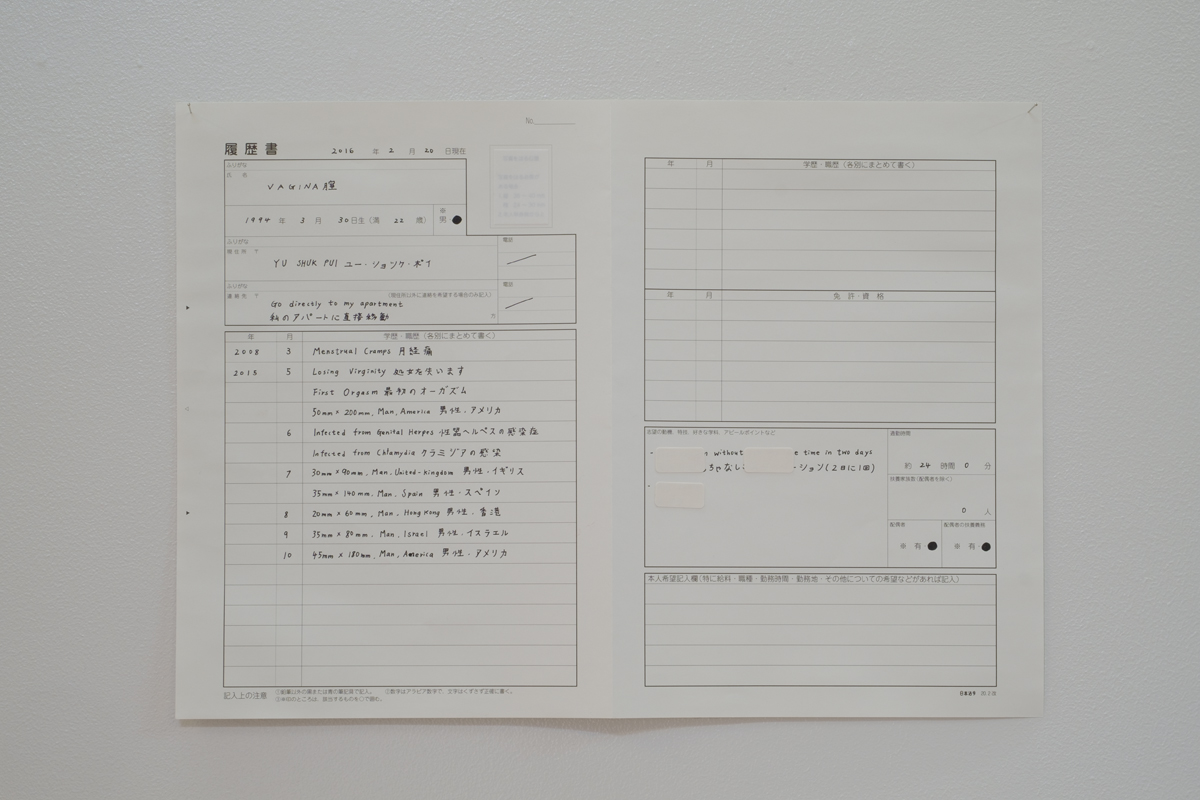 YU Shuk Pui Bobby CV by Vagina Version 2.0 , 2015 Digital print on paper, 21 x 29.7 cm
Normal
0
false
false
false
EN-AU
X-NONE
X-NONE
/* Style Definitions */
table.MsoNormalTable
{mso-style-name:"Table Normal";
mso-tstyle-rowband-size:0;
mso-tstyle-colband-size:0;
mso-style-noshow:yes;
mso-style-priority:99;
mso-style-parent:"";
mso-padding-alt:0cm 5.4pt 0cm 5.4pt;
mso-para-margin-top:0cm;
mso-para-margin-right:0cm;
mso-para-margin-bottom:10.0pt;
mso-para-margin-left:0cm;
line-height:115%;
mso-pagination:widow-orphan;
font-size:11.0pt;
font-family:"Calibri",sans-serif;
mso-ascii-font-family:Calibri;
mso-ascii-theme-font:minor-latin;
mso-hansi-font-family:Calibri;
mso-hansi-theme-font:minor-latin;
mso-fareast-language:EN-US;}